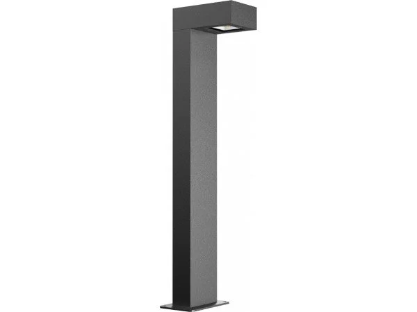 A modern outdoor post light with a rectangular black fixture on top of a tall, textured black column