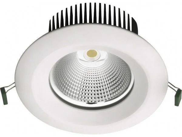 Ceiling-mounted LED recessed light with heat sink fins.