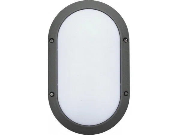 Oval-shaped LED light with a black frame and four screws