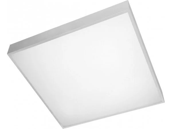 Ceiling light panel with a white diffusing surface and gray border, mounted on a ceiling.