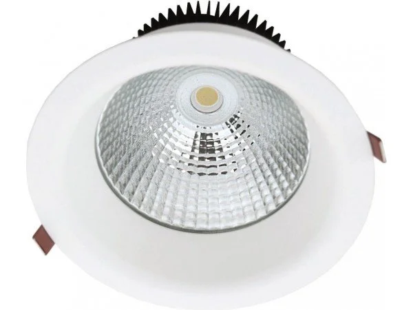 Recessed LED ceiling light with a reflective, textured surface and black heat sink fins on top.