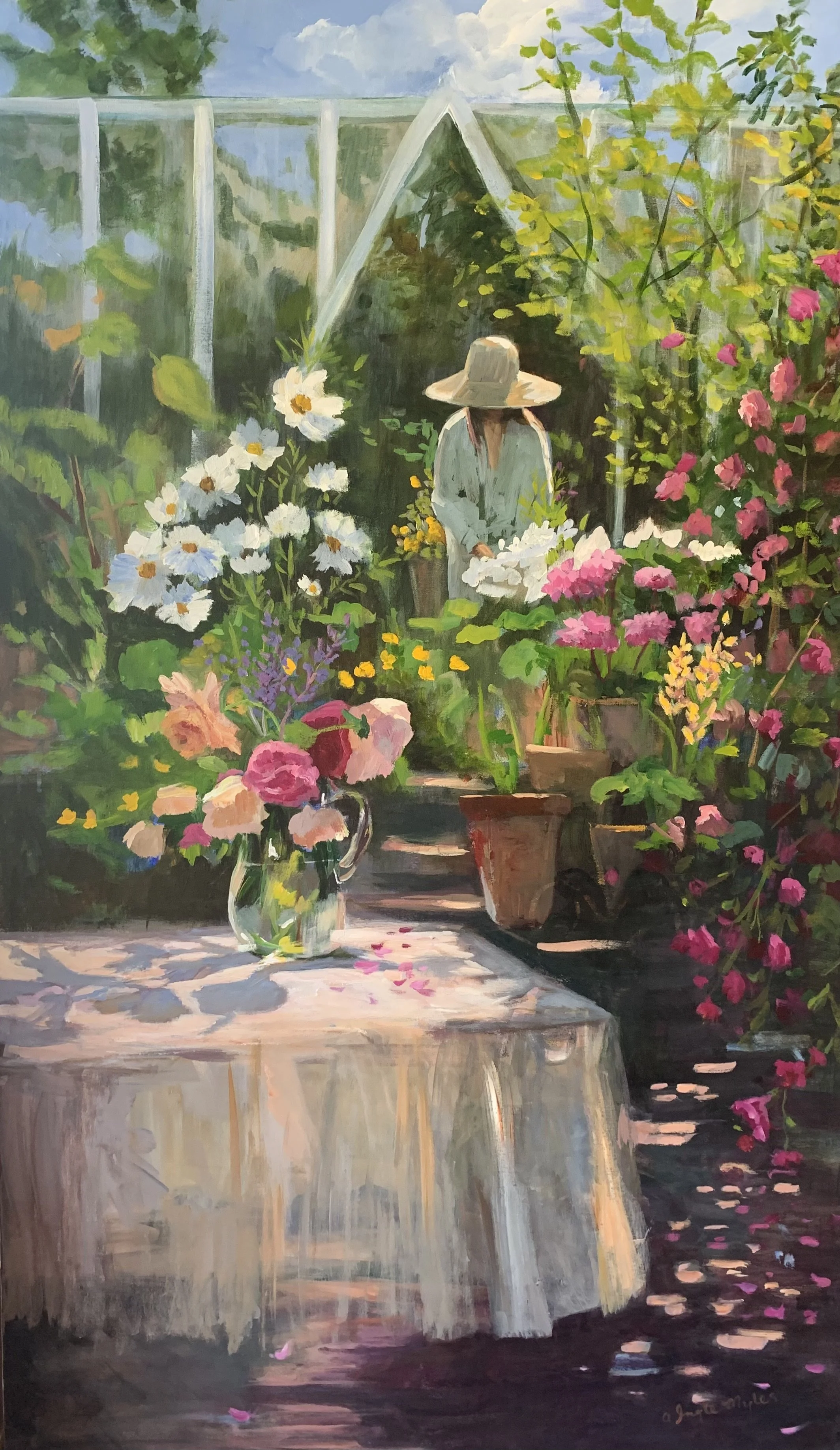 "Early Morning Light"  
Another Painting which I painted from life.  Again nice to have consistent Sunshine over a few days and I loved the way the shadows of the flowers lay across the tablecloth.  Early Morning Light has found a new home through Re