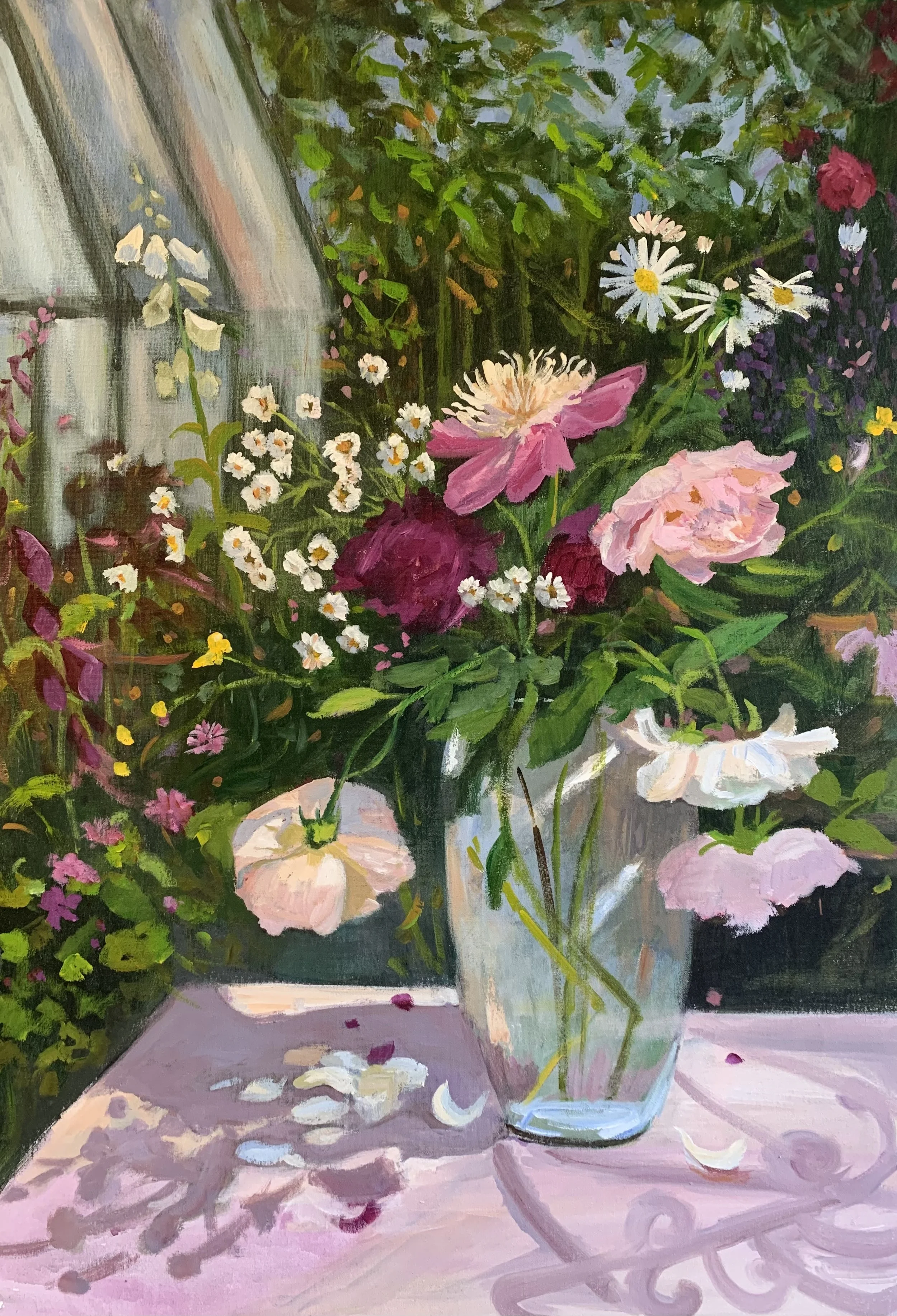 Peonies and Roses
This was one of my Summer Favourites
to paint, I painted it en plein air , it was great to have continuous sunshine this summer and I tried to capture the feeling and light I experienced.  This painting found a new home at Royal Dub