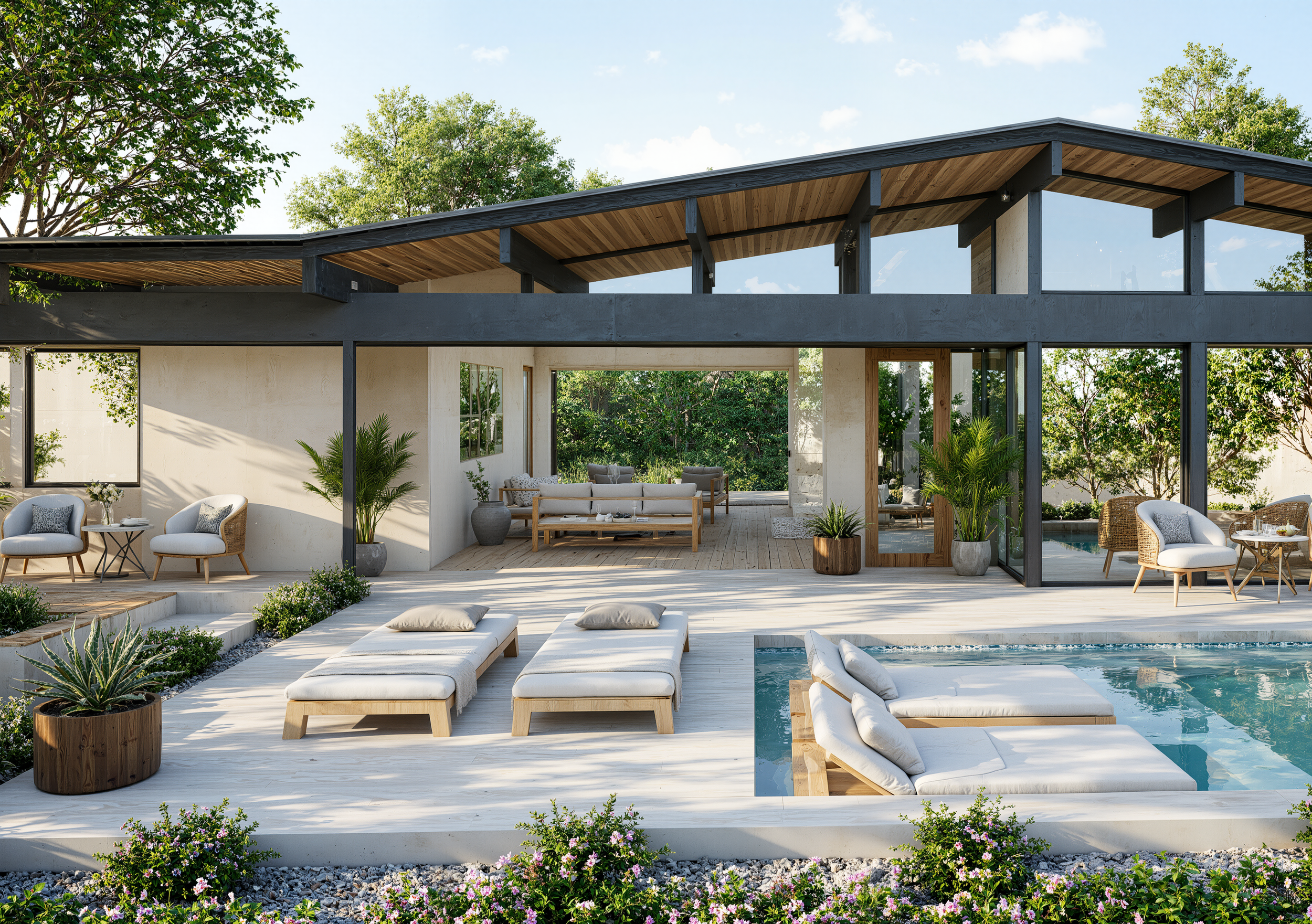 Modern backyard with a swimming pool, lounge chairs, outdoor seating, potted plants, and a covered patio with furniture, surrounded by greenery and trees under a blue sky.
