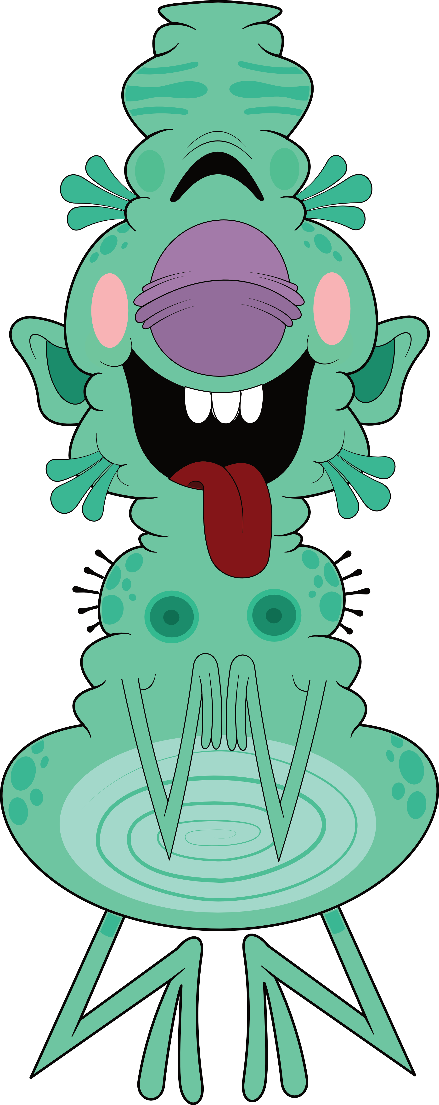 A cartoon of a green frog with exaggerated features, sticking out its tongue, showing its teeth, and with a whimsical expression.