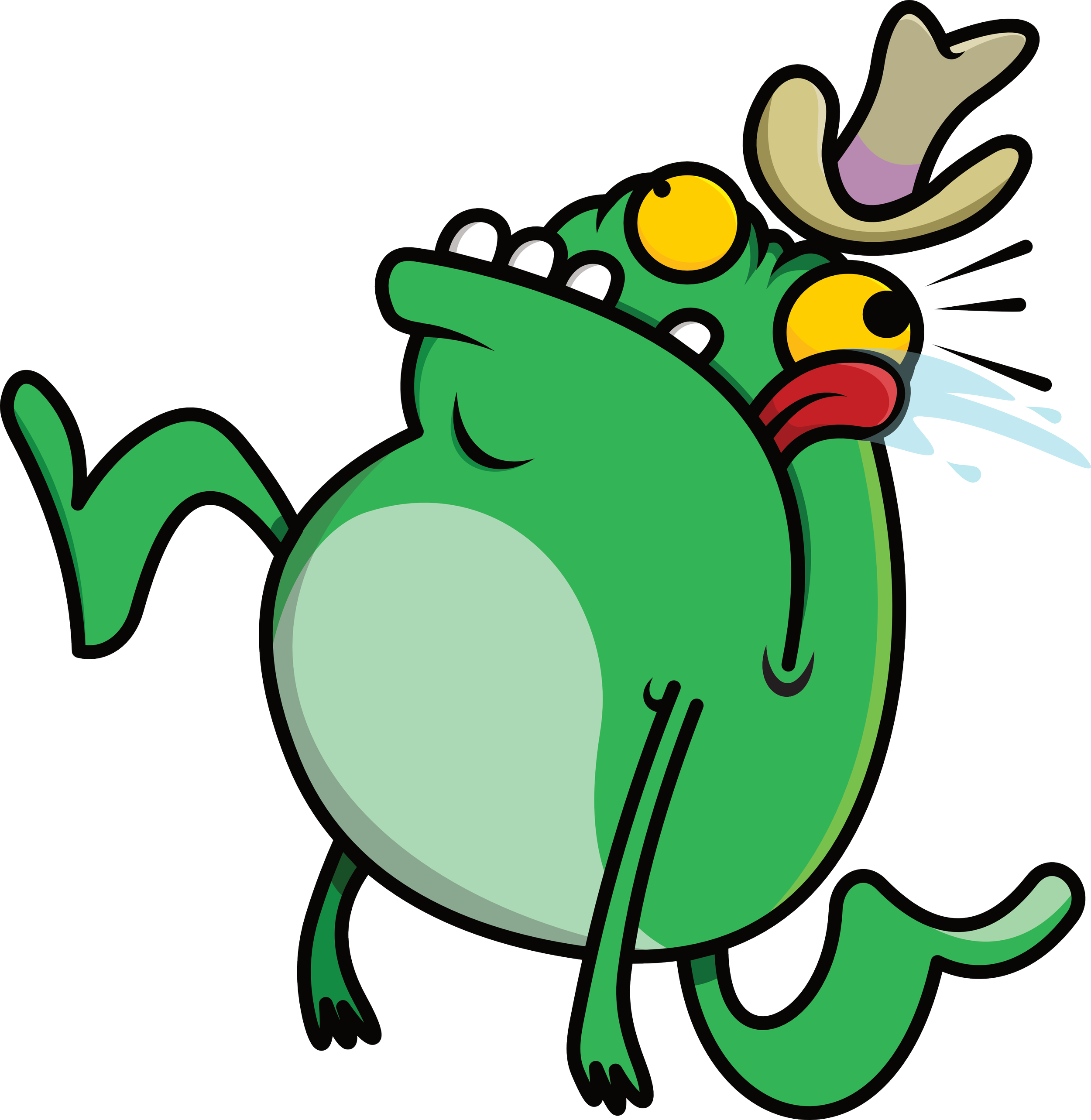 Cartoon green frog with yellow eyes, tiny wings, and a playful expression, wearing a cowboy hat and sticking out its red tongue.