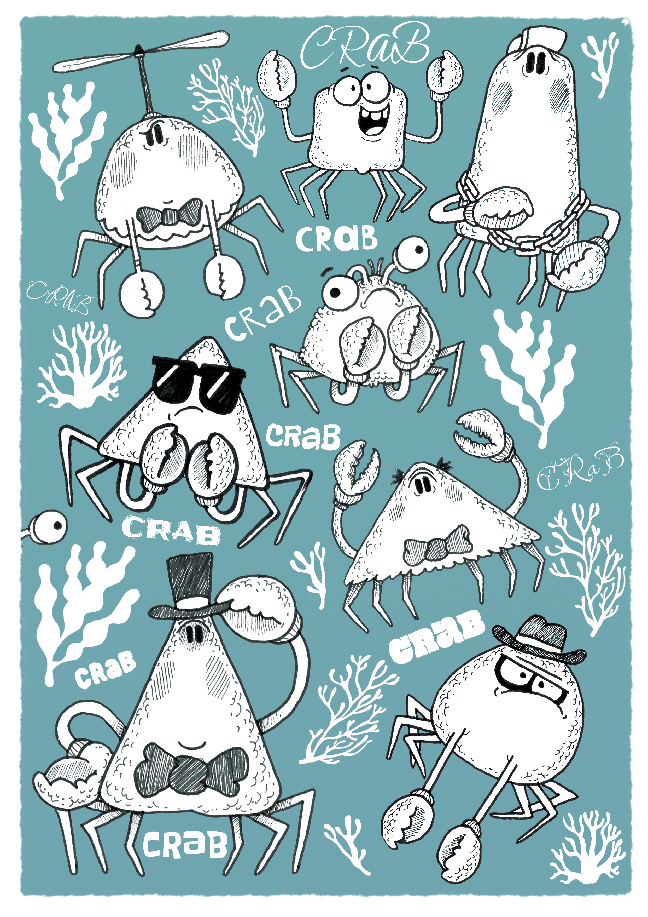 Illustration of various cartoon crabs with different accessories and expressions, surrounded by coral and seaweed, with the word 'CRAB' written in multiple places.