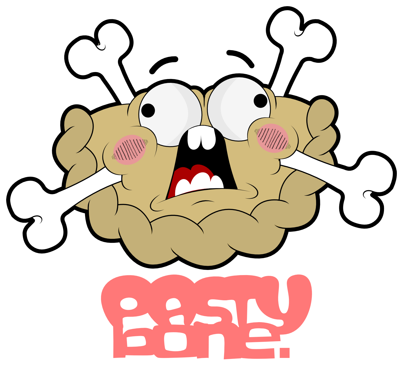 Cartoon illustration of a distressed, anthropomorphic Pasty with large, bulging eyes, blushing cheeks, and an open mouth, with crossed bones behind its head and the words 'Pasty Bone!' written below in pink letters.