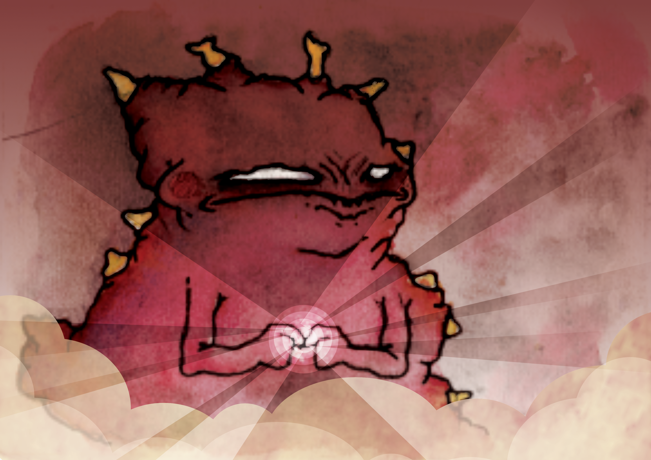 Cartoon of a creature resembling a virus or germ with a red, spiky, amorphous body, white eyes, and arms holding a glowing orb, surrounded by clouds.