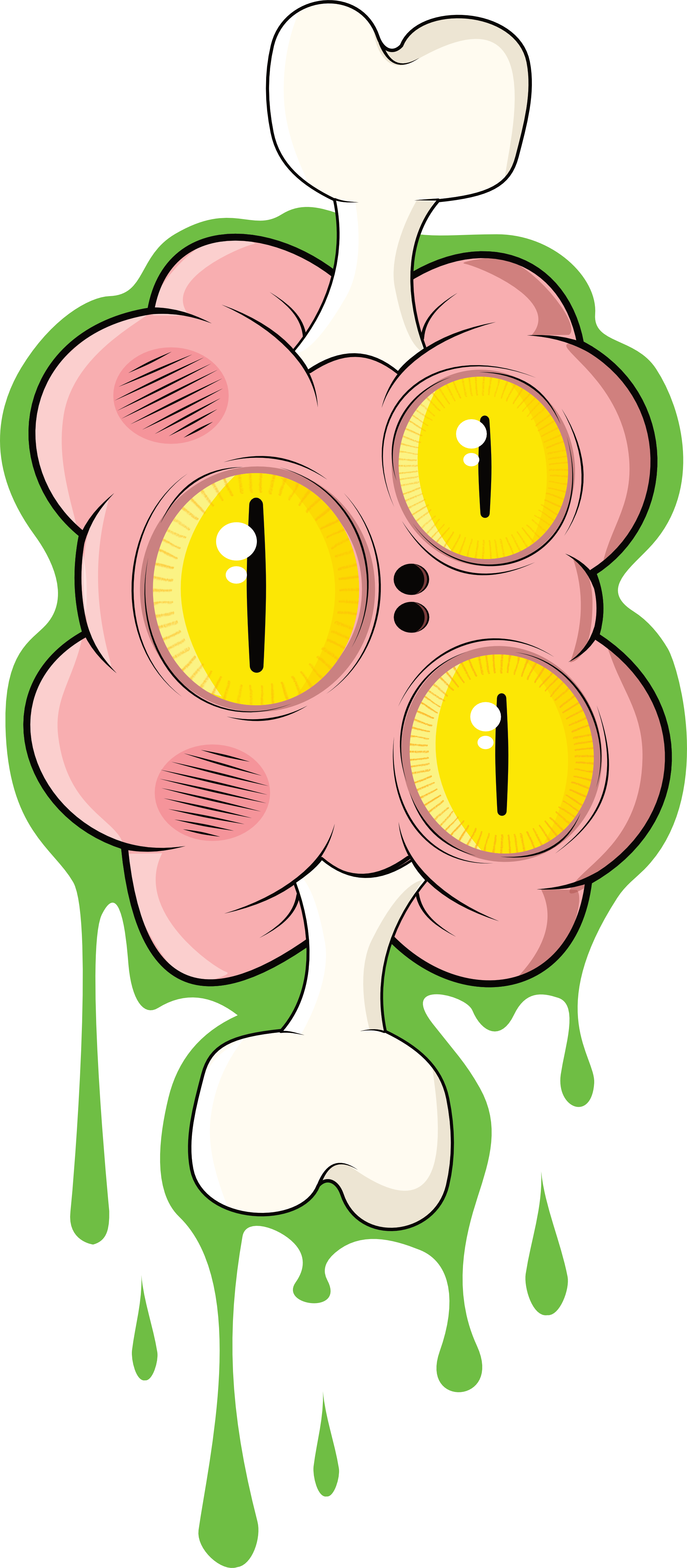 Cartoon image of a cartoonish brain with three yellow eyes  in place of its lobes, set against a green background.