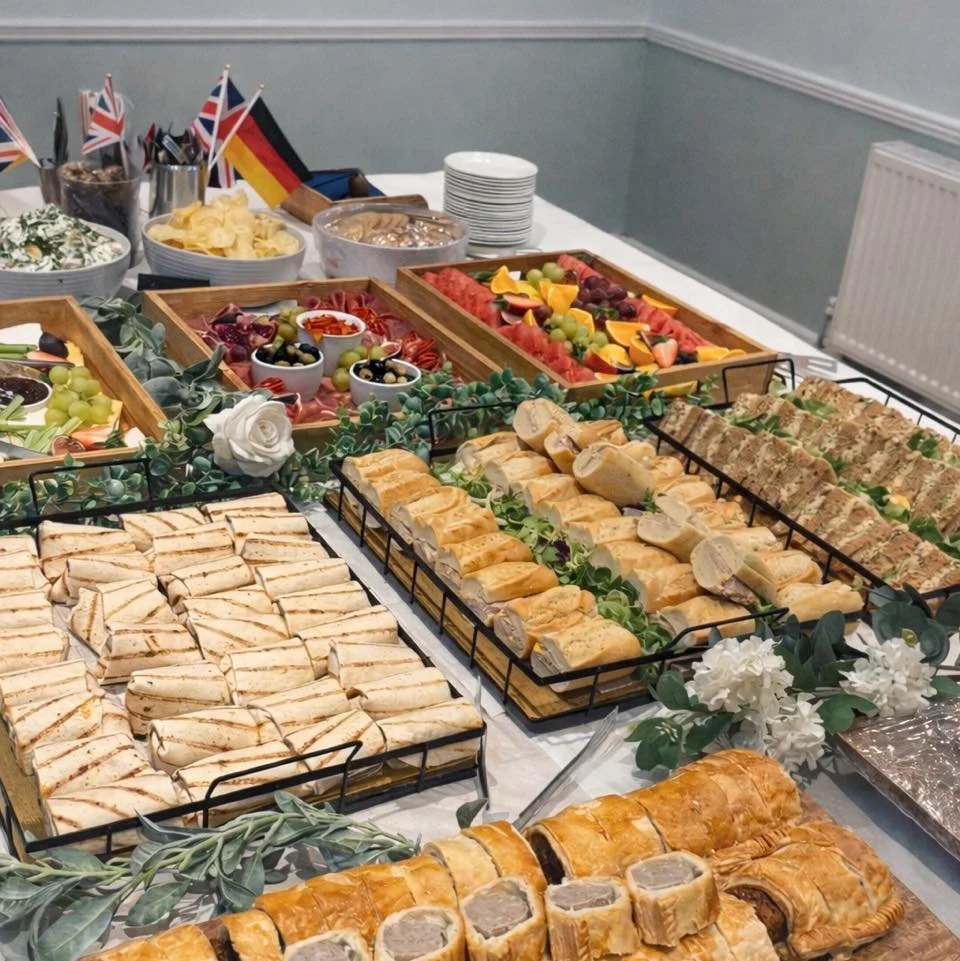 Our lovely gold buffet menu delivered and set up in Marchington for a farewell party on the weekend!🇩🇪🇬🇧 

All home made on the day and super fresh🤩

You can view our buffet menus here 👇🏼 

www.wcbcatering.co.uk/menus