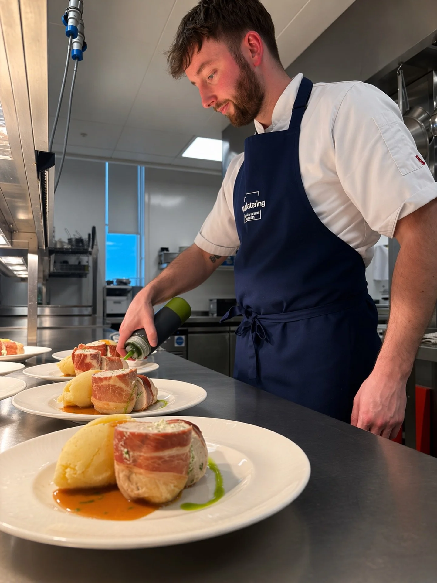 Pics from the pass at the weekend📸 we catered for 32 lovely guests just outside of Lichfield with some fantastic feedback! Pictured is our chicken ballotine, with spring greens, chicken &amp; tarragon sauce😋
