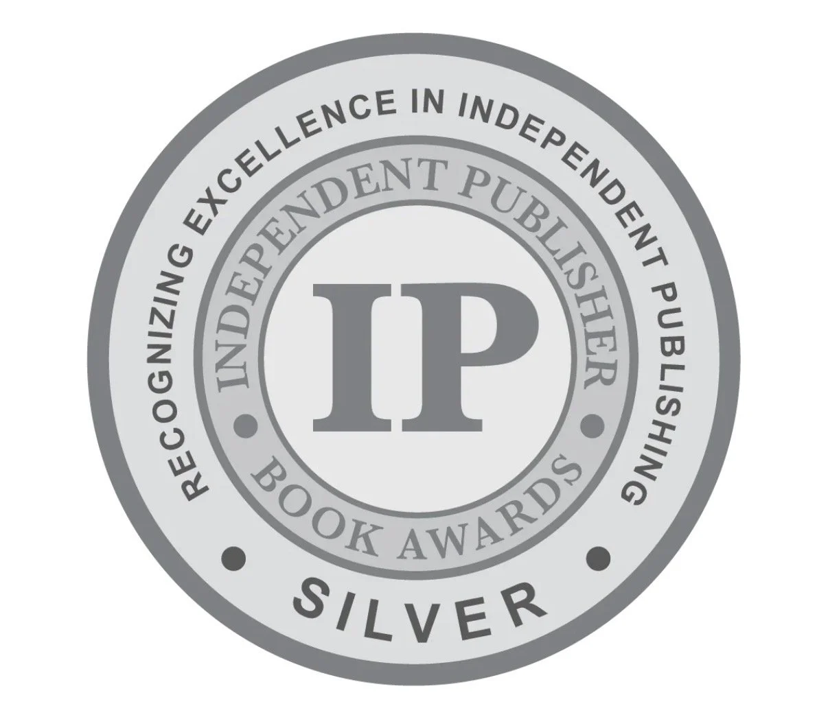 Silver book award medal with inscriptions for independent publisher awards and recognition in publishing excellence.