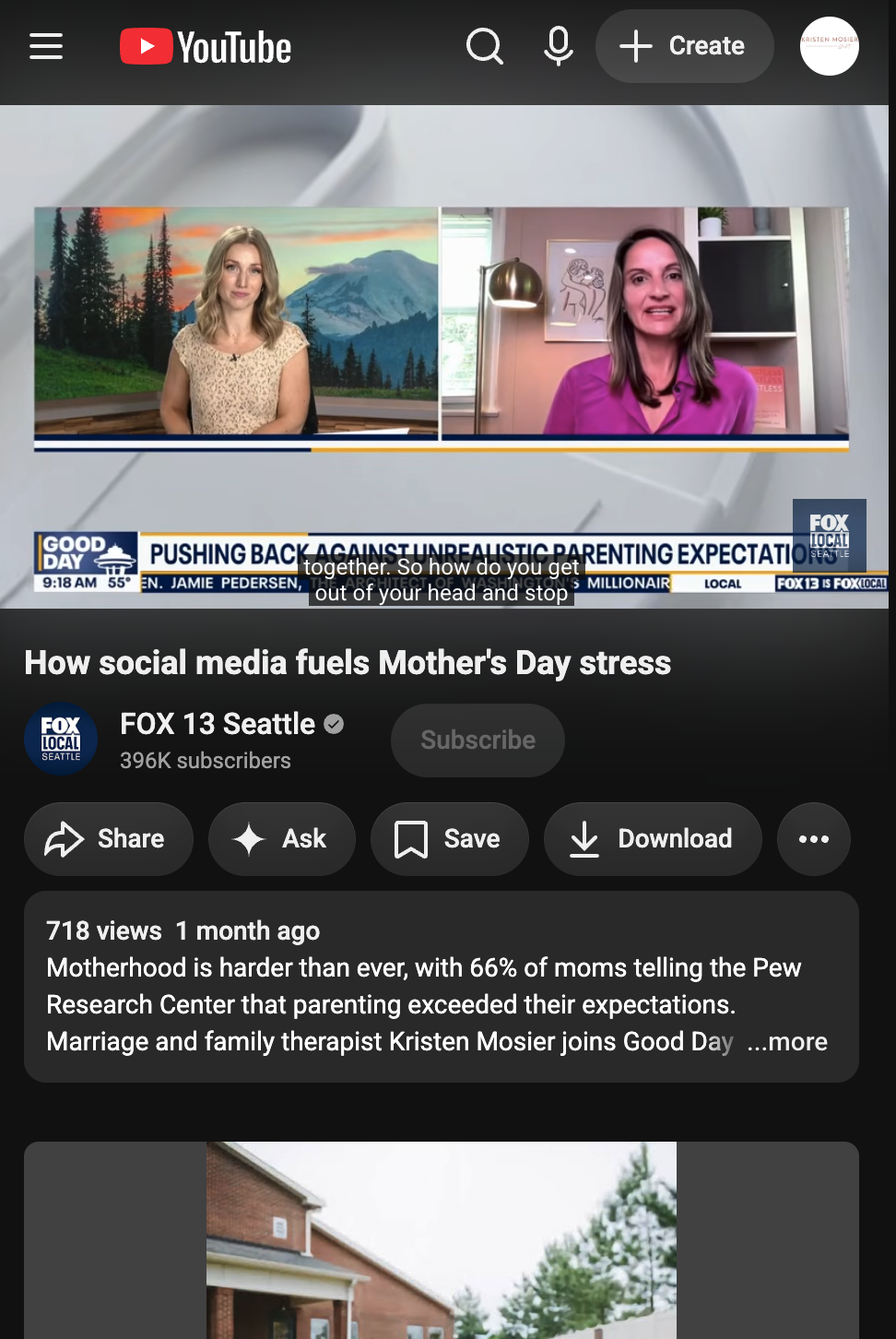Screenshot of a YouTube video titled "How social media fuels Mother’s Day stress" from FOX 13 Seattle, featuring a split-screen interview with two women in different settings.