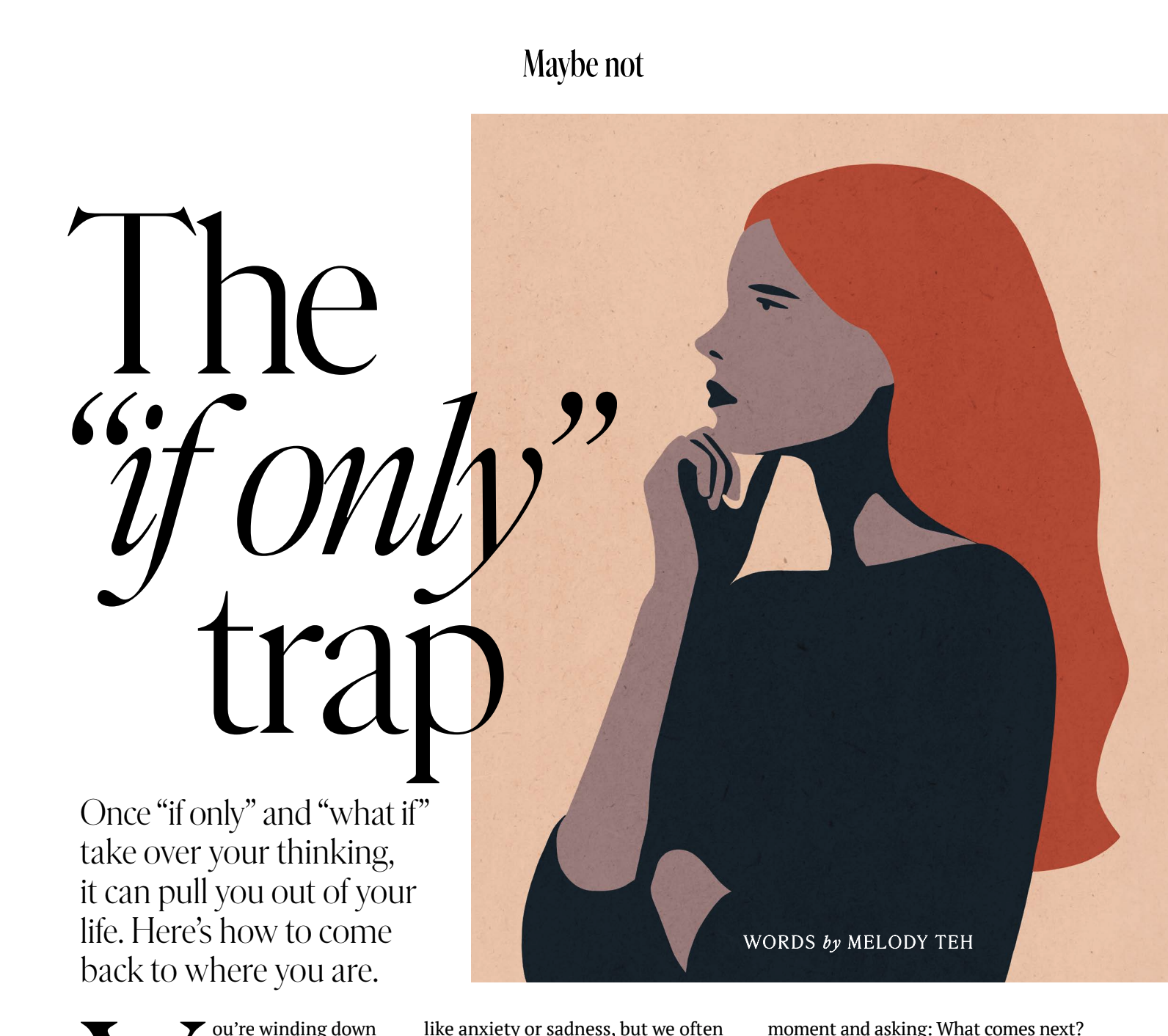 A stylized illustration of a woman with long red hair in profile, resting her chin on her hand, alongside large text that reads 'Maybe not The
