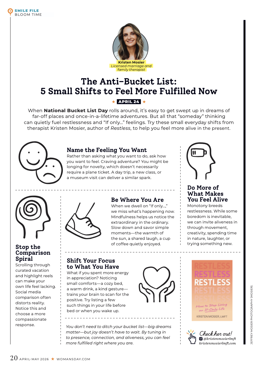 An informational article titled "The Anti-Bucket List: 5 Small Shifts to Feel More Fulfilled Now" by Kristen Mosier. It includes tips for self-care and mindfulness, with icons of a smiling face, a sad face, a person with glasses, a hand and heart, and a book cover.