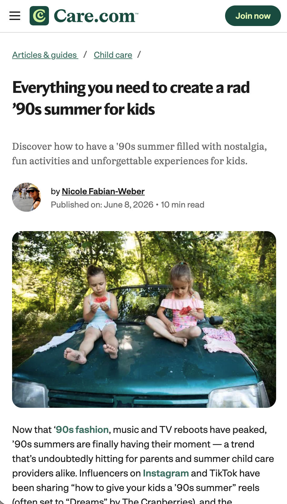 Two young girls sitting on the hood of a car in a wooded area, eating watermelon.