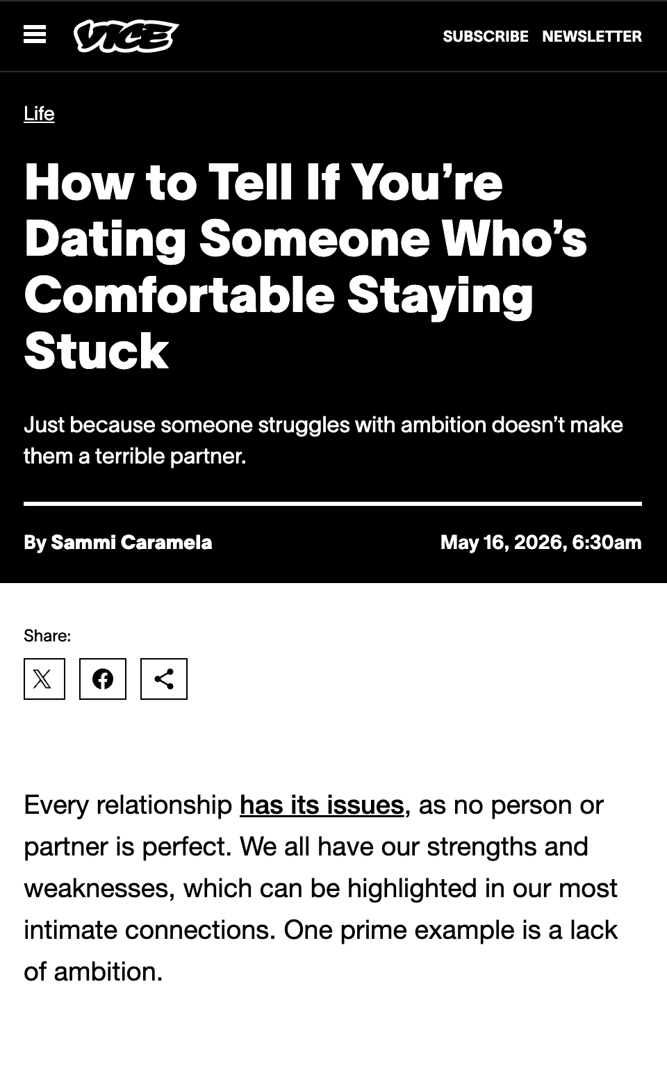 A screenshot of an article on Vice's website titled 'How to Tell If You're Dating Someone Who's Comfortable Staying Stuck'. The article discusses relationship issues and is authored by Sammi Caramela, published on May 16, 2026, at 6:30 am.