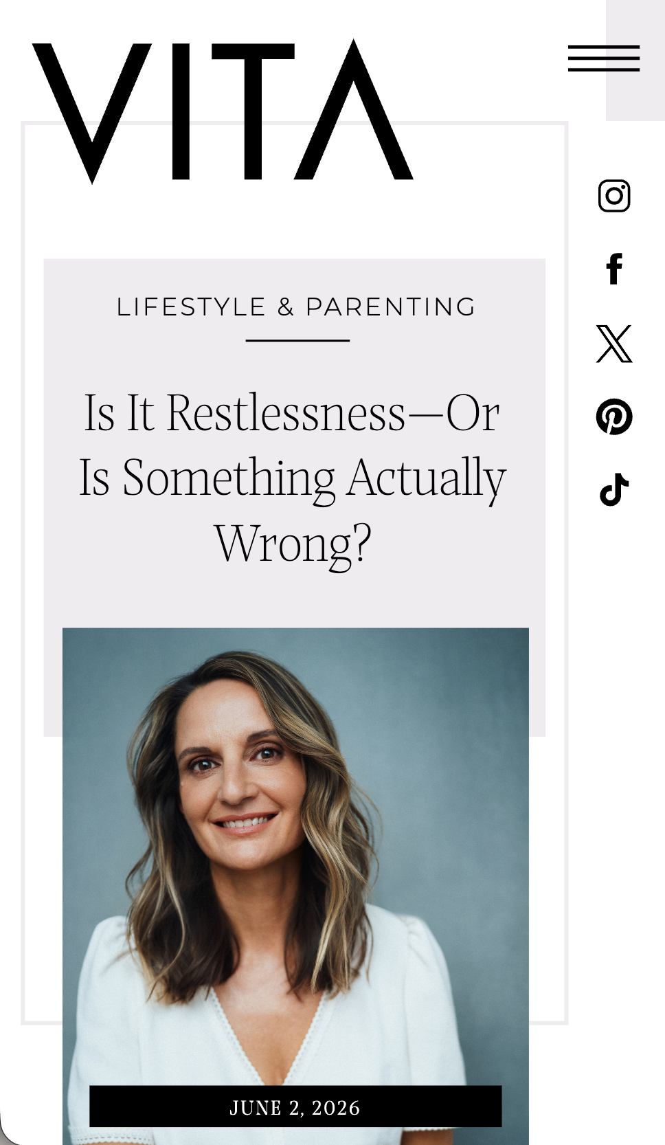 A webpage with the title 'VITA' and a subtitle 'Lifestyle & Parenting' featuring an article titled 'Is It Restlessness — Or Is Something Actually Wrong?' with a smiling woman in a white shirt and the date June 2, 2026.