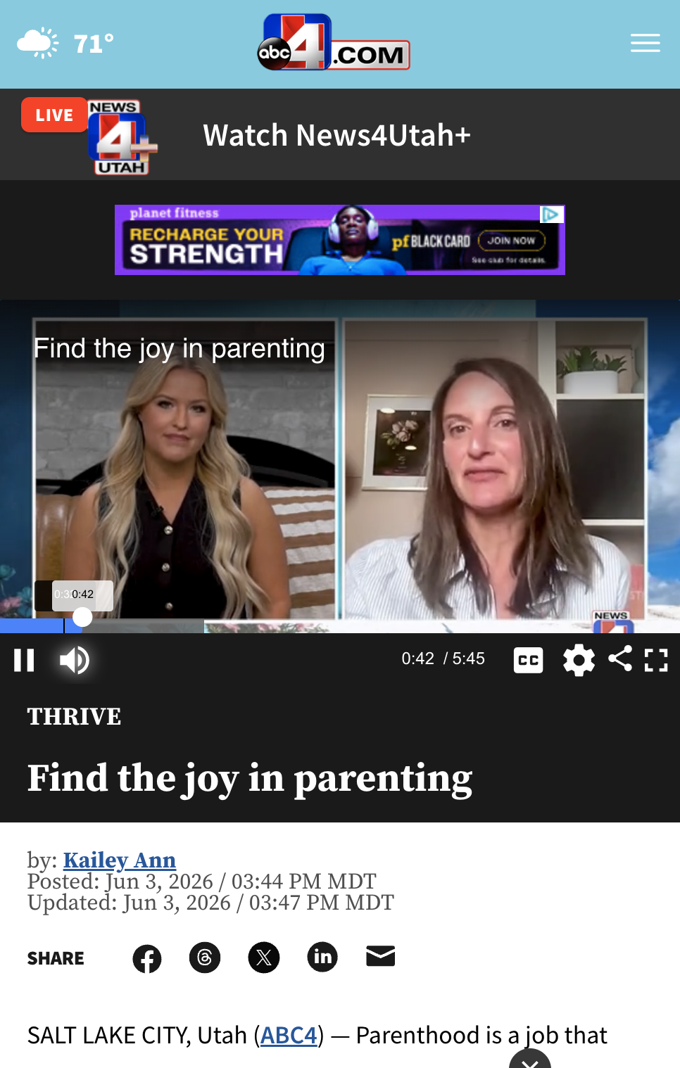 Screenshot of a news video featuring two women discussing parenting, with the headline "Find the joy in parenting." The website header shows ABC4 Utah news, a live news badge, weather info, and advertisements.