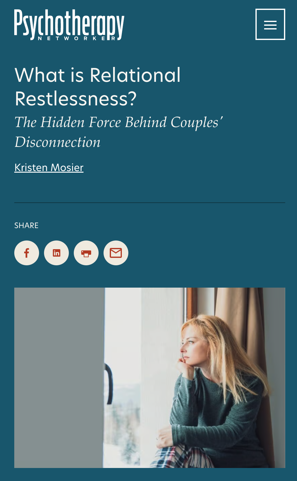 A webpage showcasing an article titled 'What is Relational Restlessness?' featuring a photo of a woman sitting near a window, looking contemplative with her hand on her chin, and a dark teal background with social media share icons.