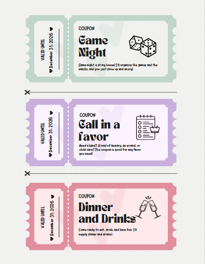 Three colorful coupons for a party event, labeled 'Game Night', 'Call in a favor', and 'Dinner and Drinks', each with a validity date of December 31, 2026.