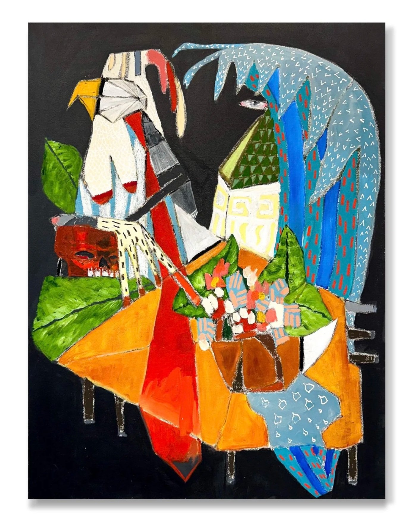 "Clown Car Too Full" , oil,acrylic, oil stick, graphite, sumi ink on canvas, 40 x 30 inches