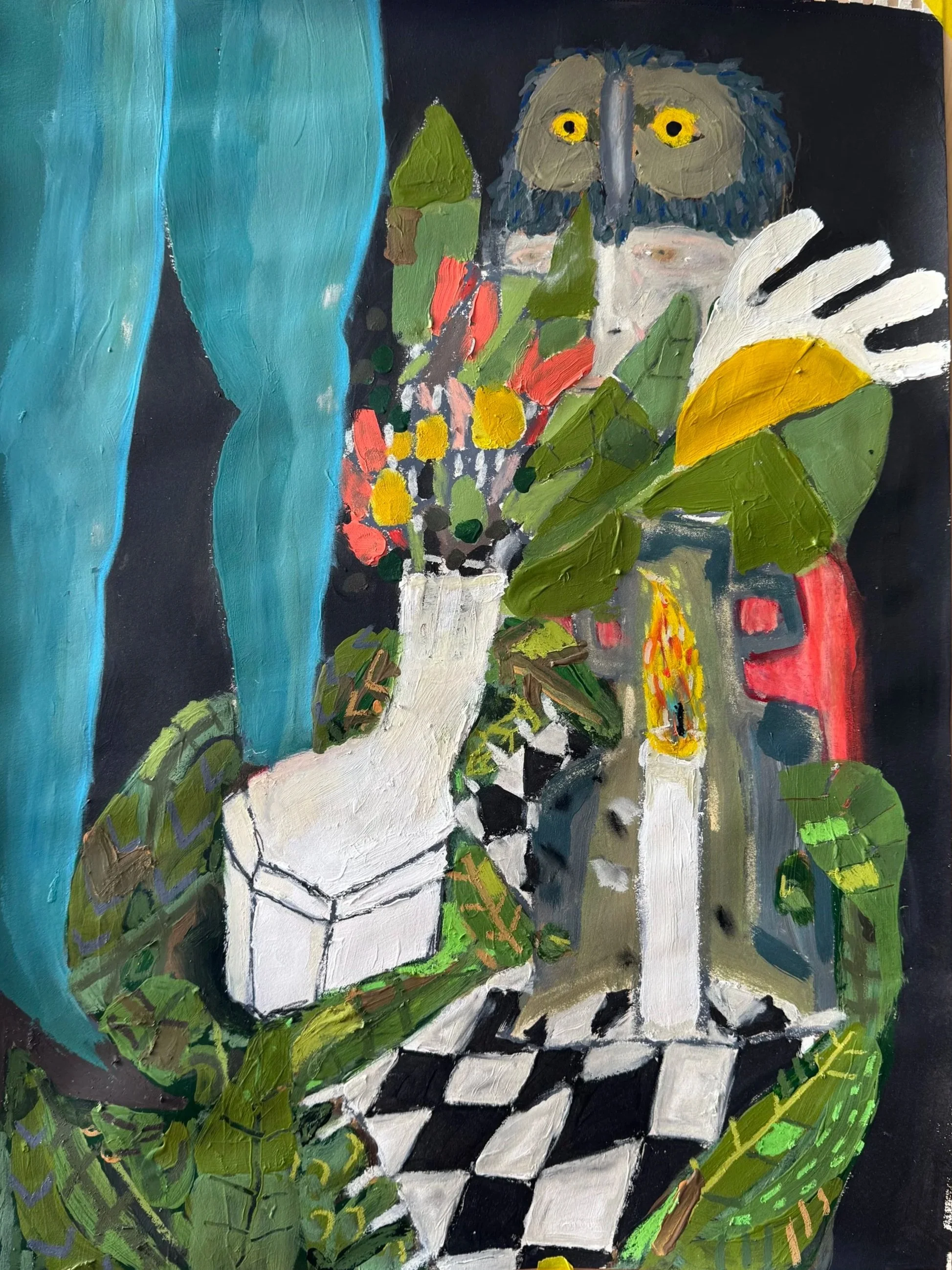 Spooky Harris, Liberty Legs and the Reluctant Owl Fucker, Acrylic, oil stick, graphite and sumi ink on paper, 18x24", $1400