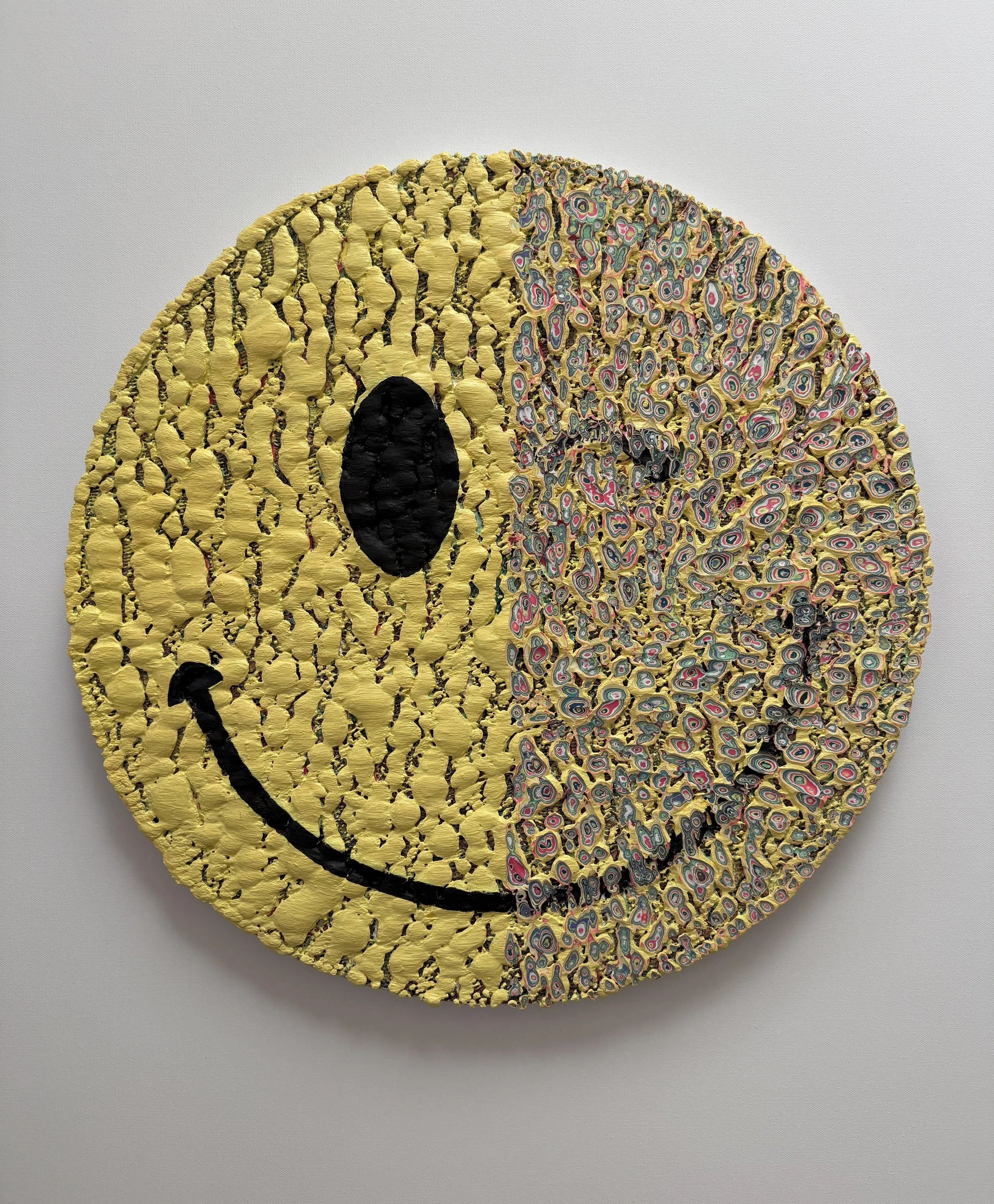 Heawon Yi, ,  ONENESS-0022(Smile-02), Acrylic and texture paste on wood panel, 22" dia., $4500