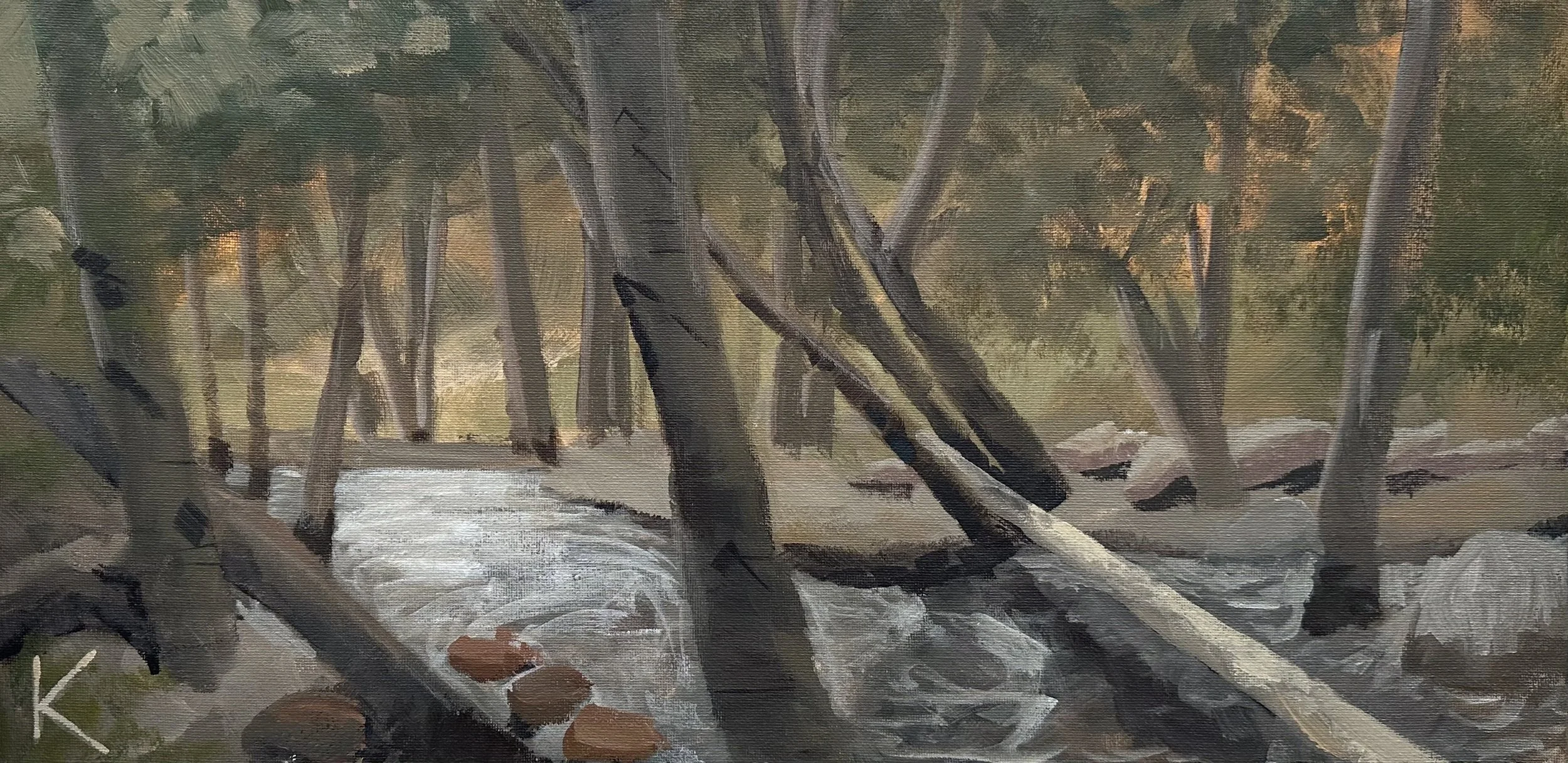 "Eaton Canyon, en plein air" by Kara Lynn Bressler / 10x20x1" with custom wood frame / $700