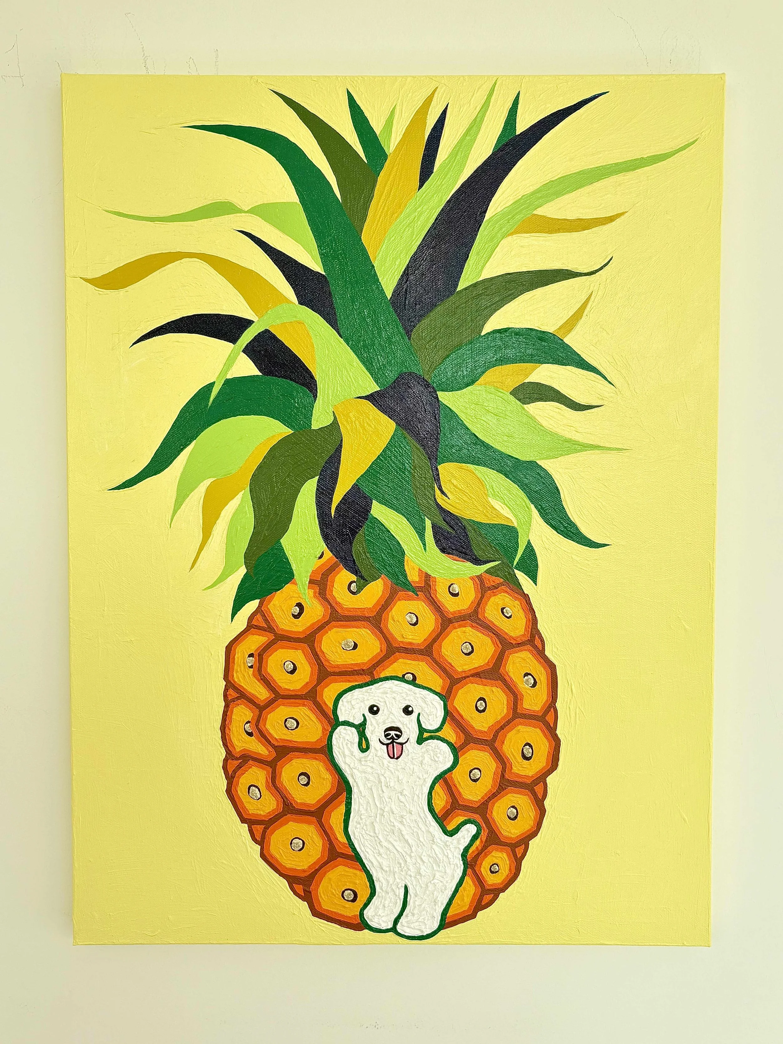 Tania Cho, Fruit Series - Pineapple With Terrier, Acrylic On Canvas, 24 x 18", $2000