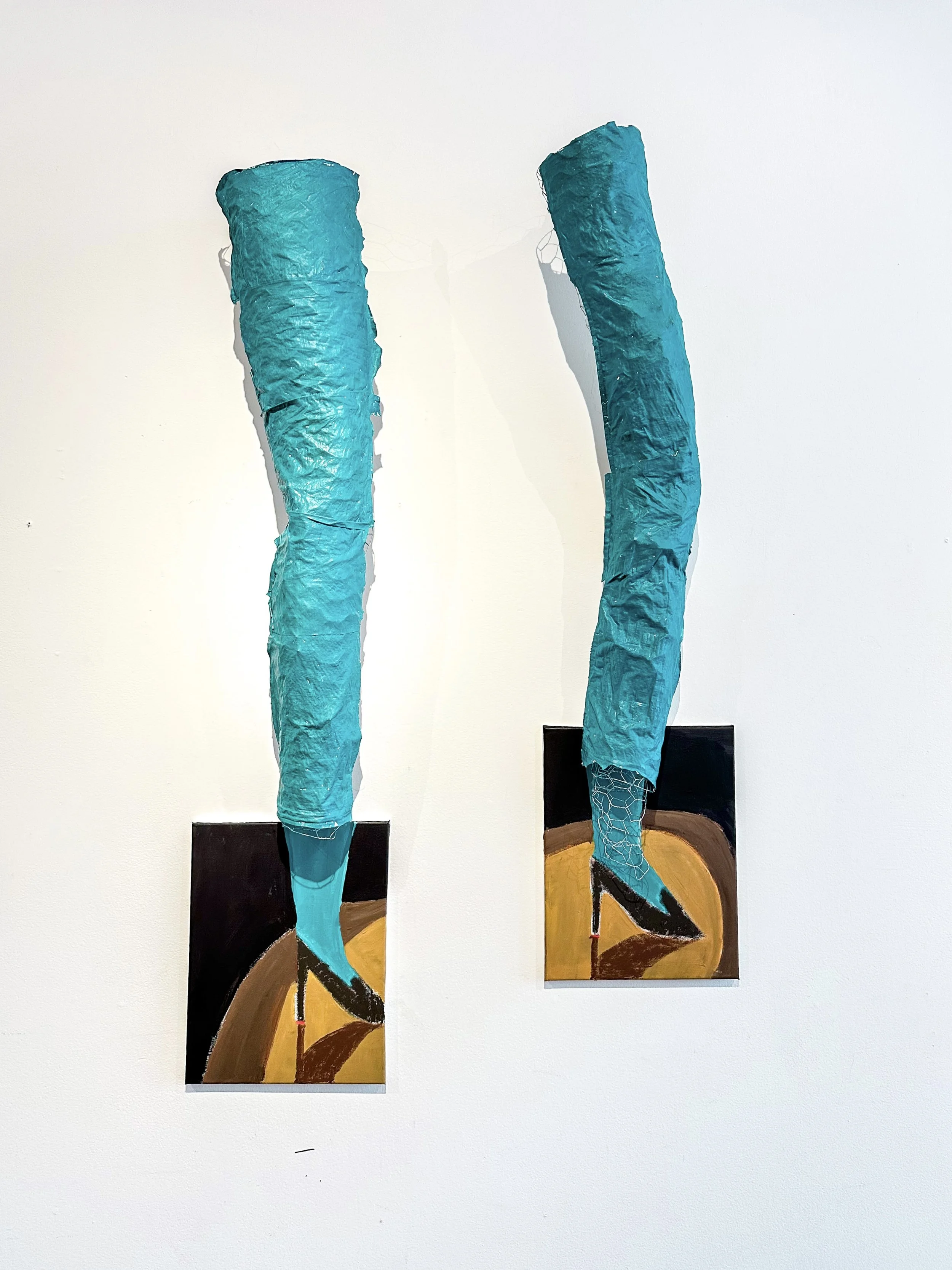 Leg Sculpture with Foot Painting, acrylic on canvas, 14 x 11 inches (painting), Wire and papier-mâché, 35 x 7 inches (sculpture), sold separately