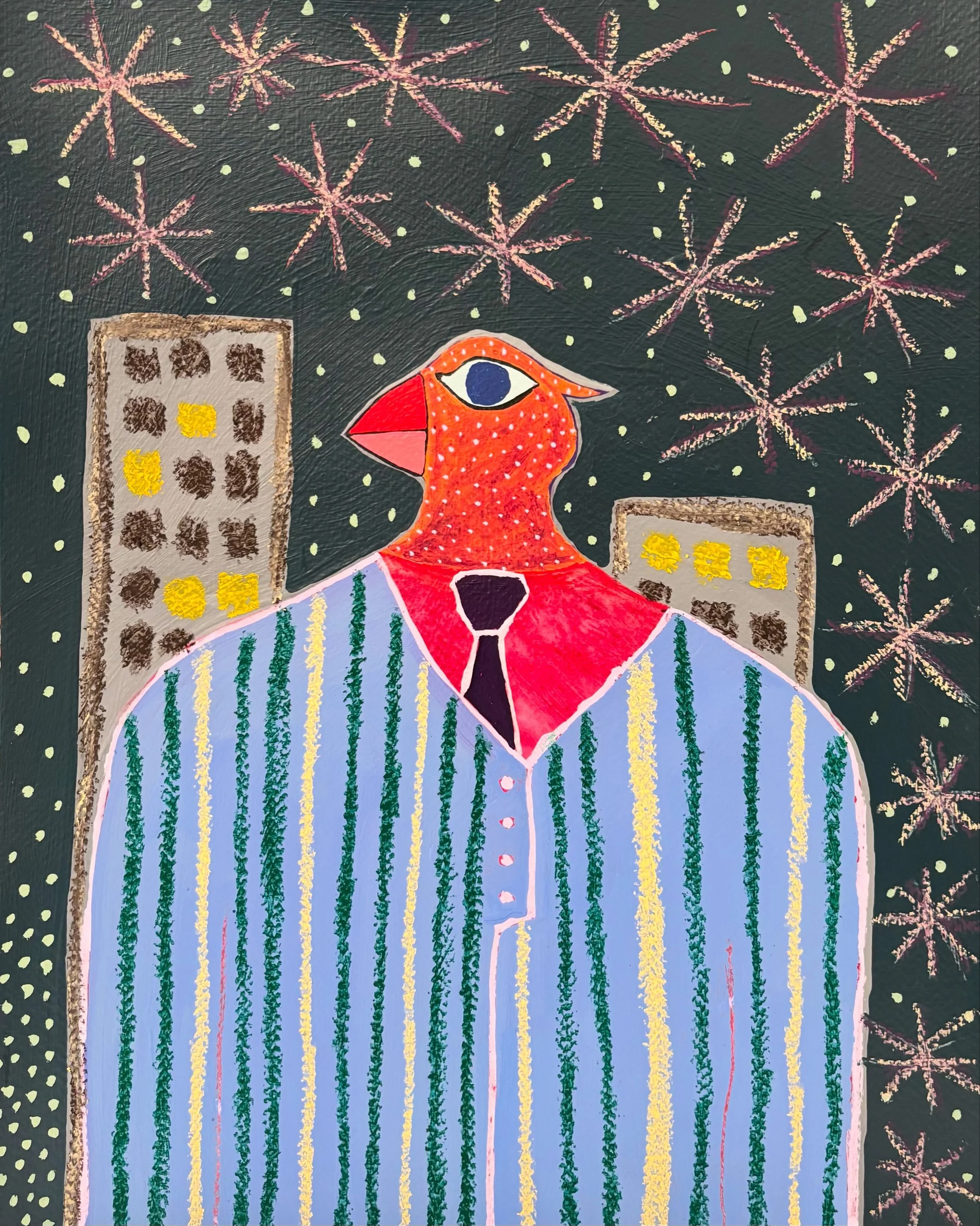 Ariel Cohen, City Bird, City Lights, Acrylic and oil pastel on paper, 14 x 11 x 2 in., $150