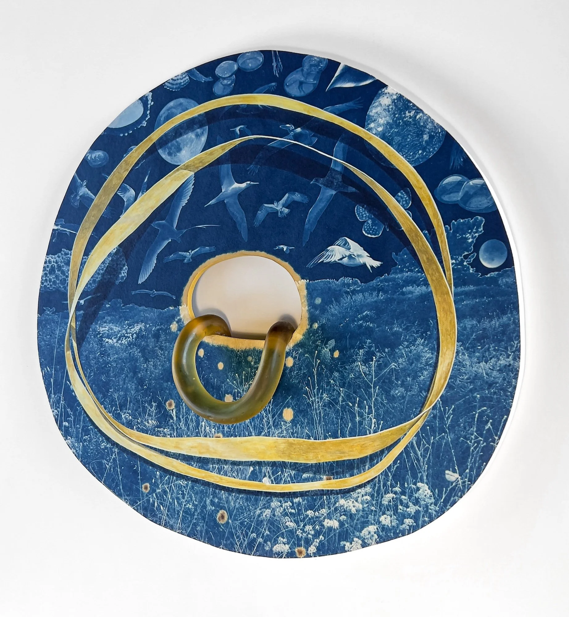 Annalise Neil, Loophole, Bleached and toned cyanotype, watercolor, flashe, kiln-cast glass, handmade wood panel, bronze, 16"H x 8"W x 3.5"D, $6800