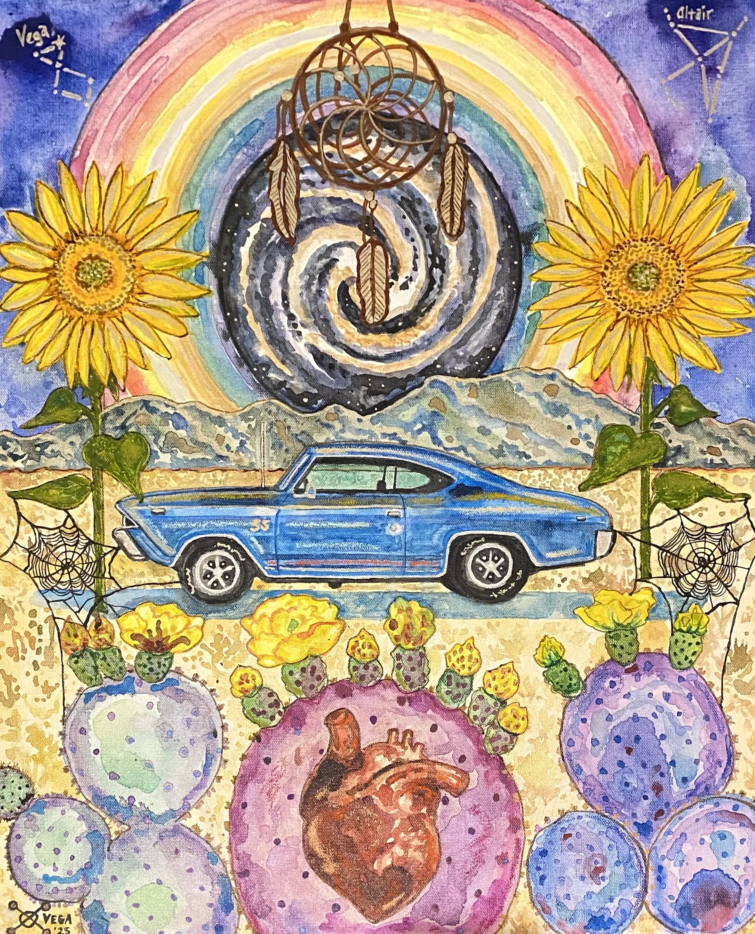 Vega, California Dreamweaver, watercolor, ink, and acylic on canvas, 20"x24"x1.5", $2400