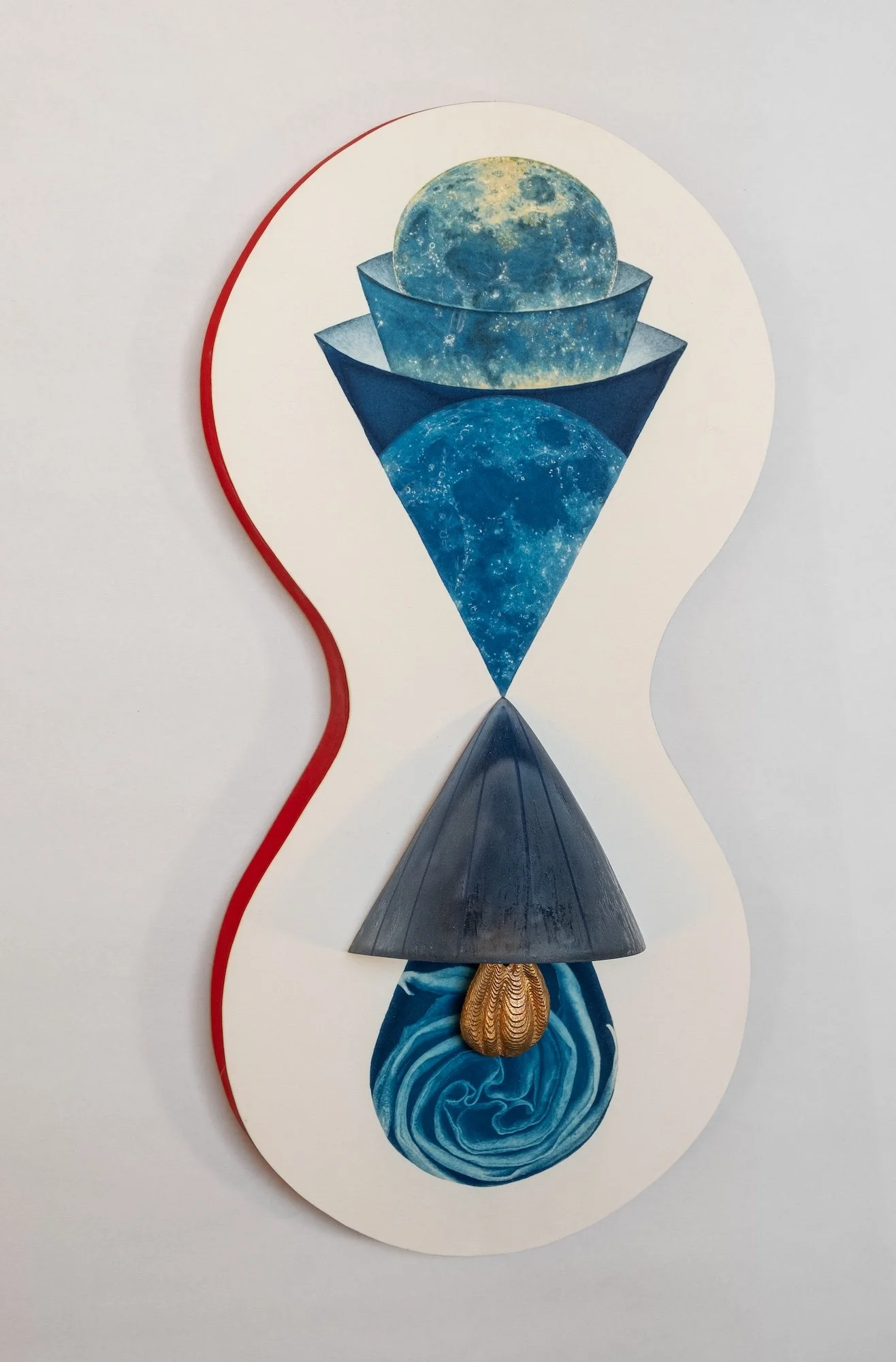 Annalise Neil, Gravity, Bleached and toned cyanotype, watercolor, flashe, kiln-cast glass, handmade wood panel, bronze, 16"H x 8"W x 3.5"D, $6800