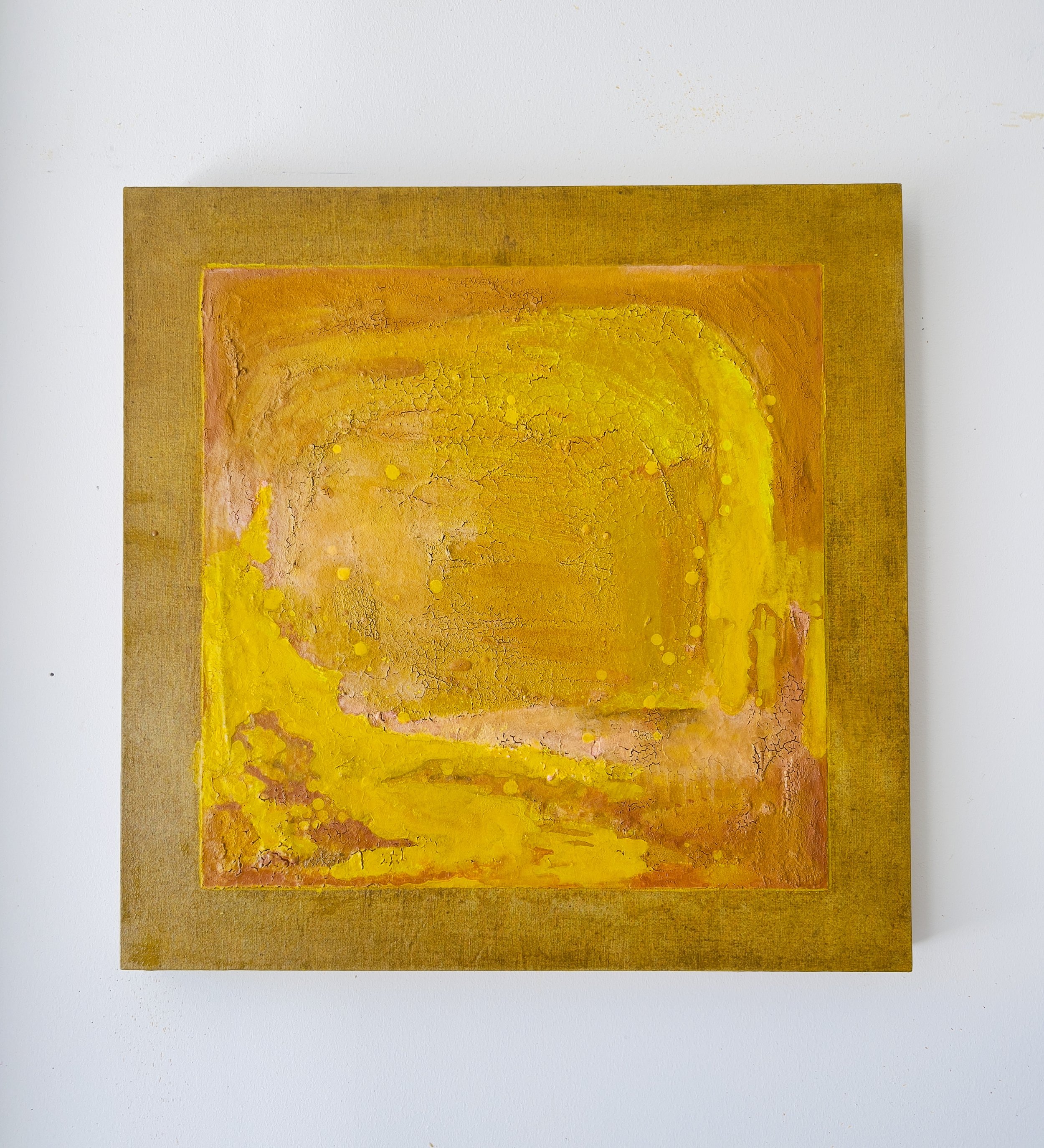 Suwichada Busamrong-Press, Begin Again, 2026, Raw pigments, turmeric, gum arabic, oil on fermented linen applied on wood panel, 23 × 23 x 1.5 in., $1250