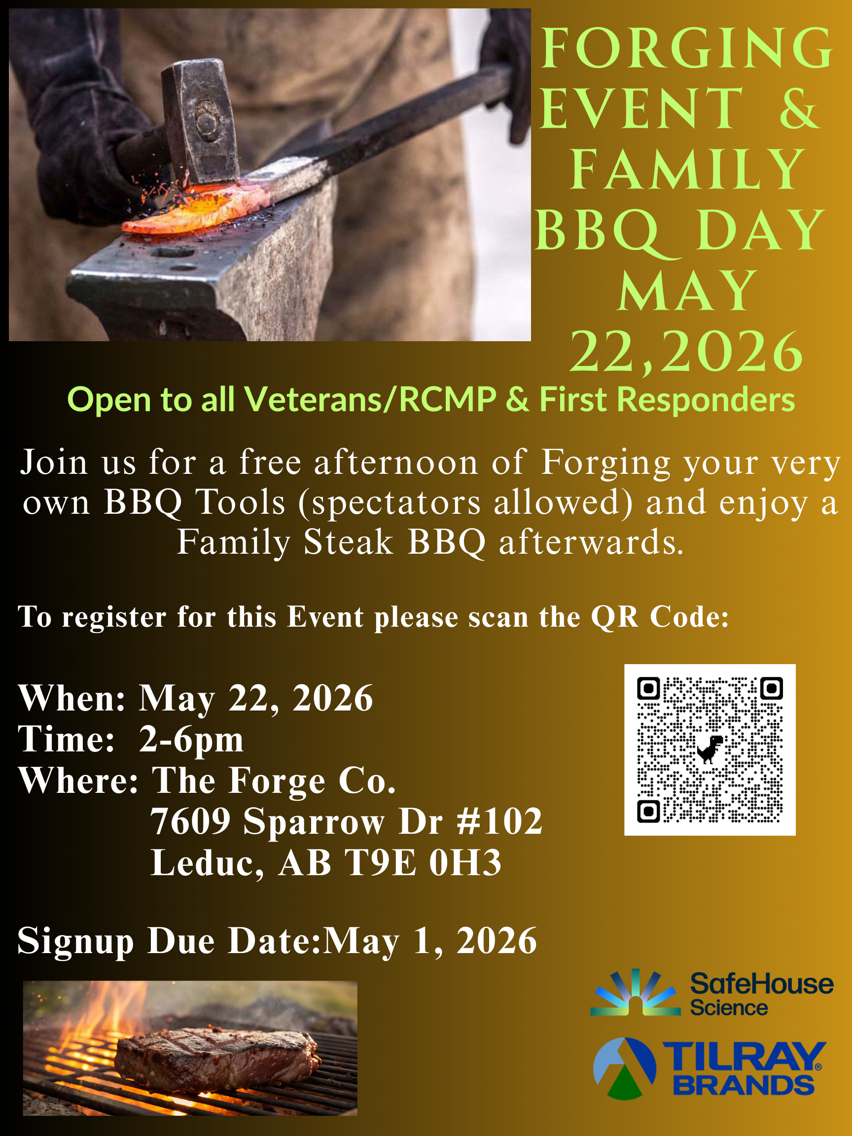 Join us for a free afternoon of Forging your very own BBQ Tools (spectators allowed) and enjoy a Family Steak BBQ afterwards.