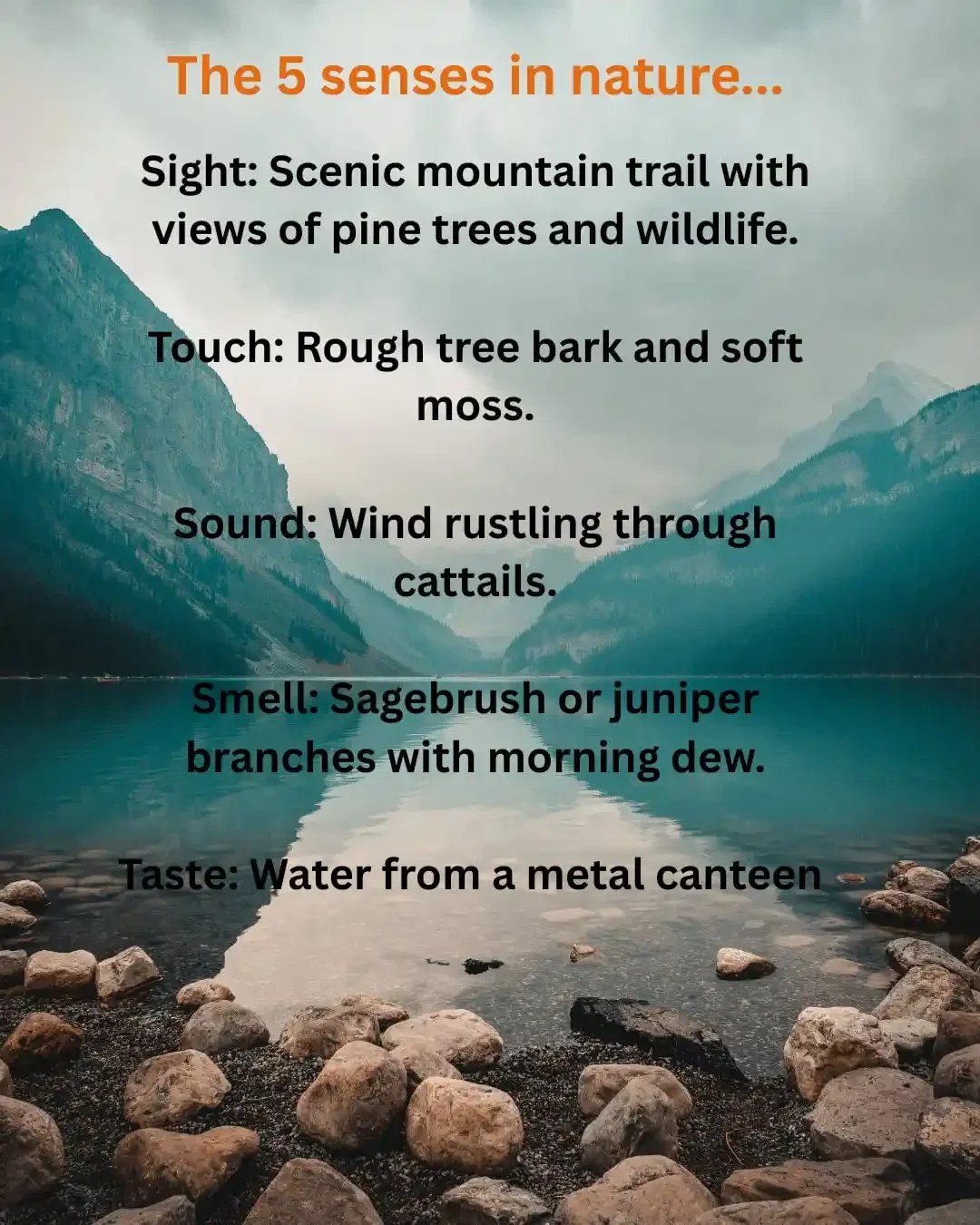 Text over a mountain lake scene describes the five senses in nature, listing examples for sight, touch, sound, smell, and taste.