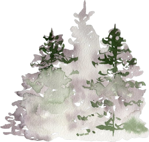 Watercolor painting of three evergreen trees with green and muted purple tones, featuring soft, blended edges and a light, misty background.