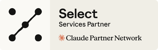 A graphic logo with connected black dots and lines on the left, and the text "Select Services Partner" with a red starburst icon next to "Claude Partner Network" on the right.