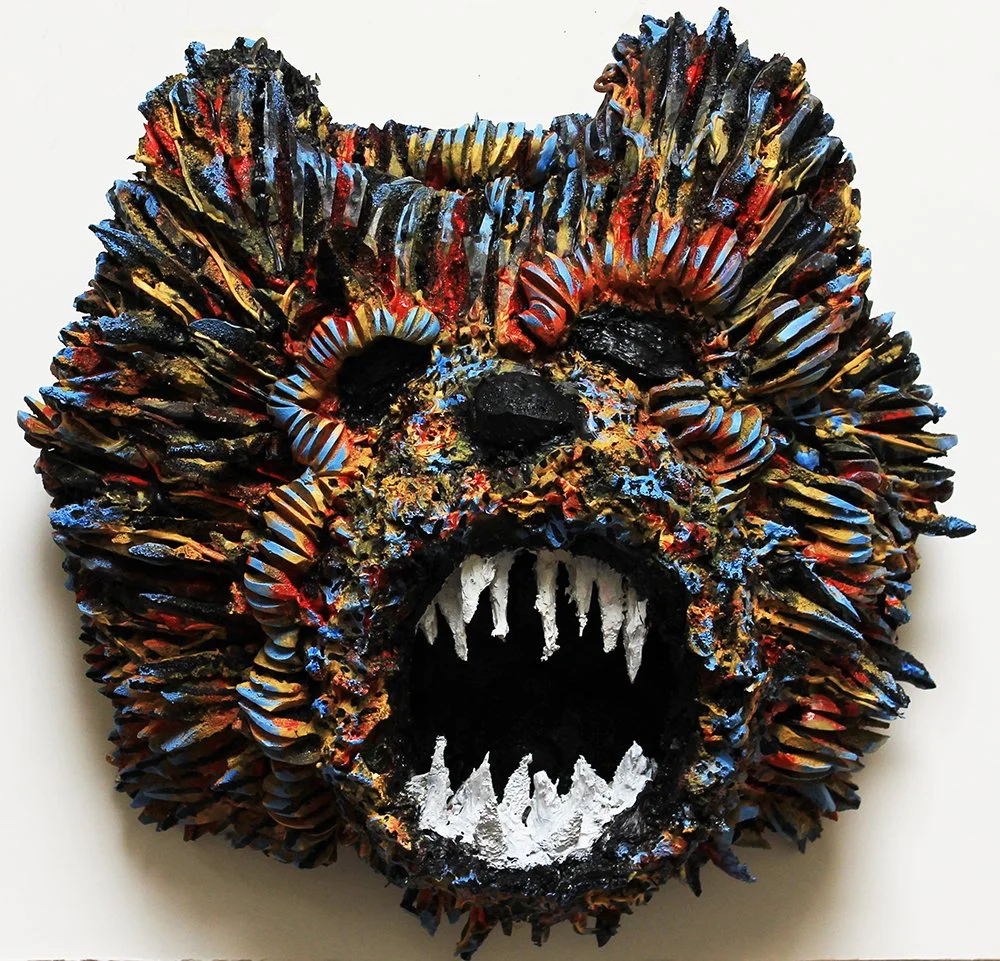Bear, 2020
Mixed media paper, paint, wire, and feathers
18” x 22” x 18”
