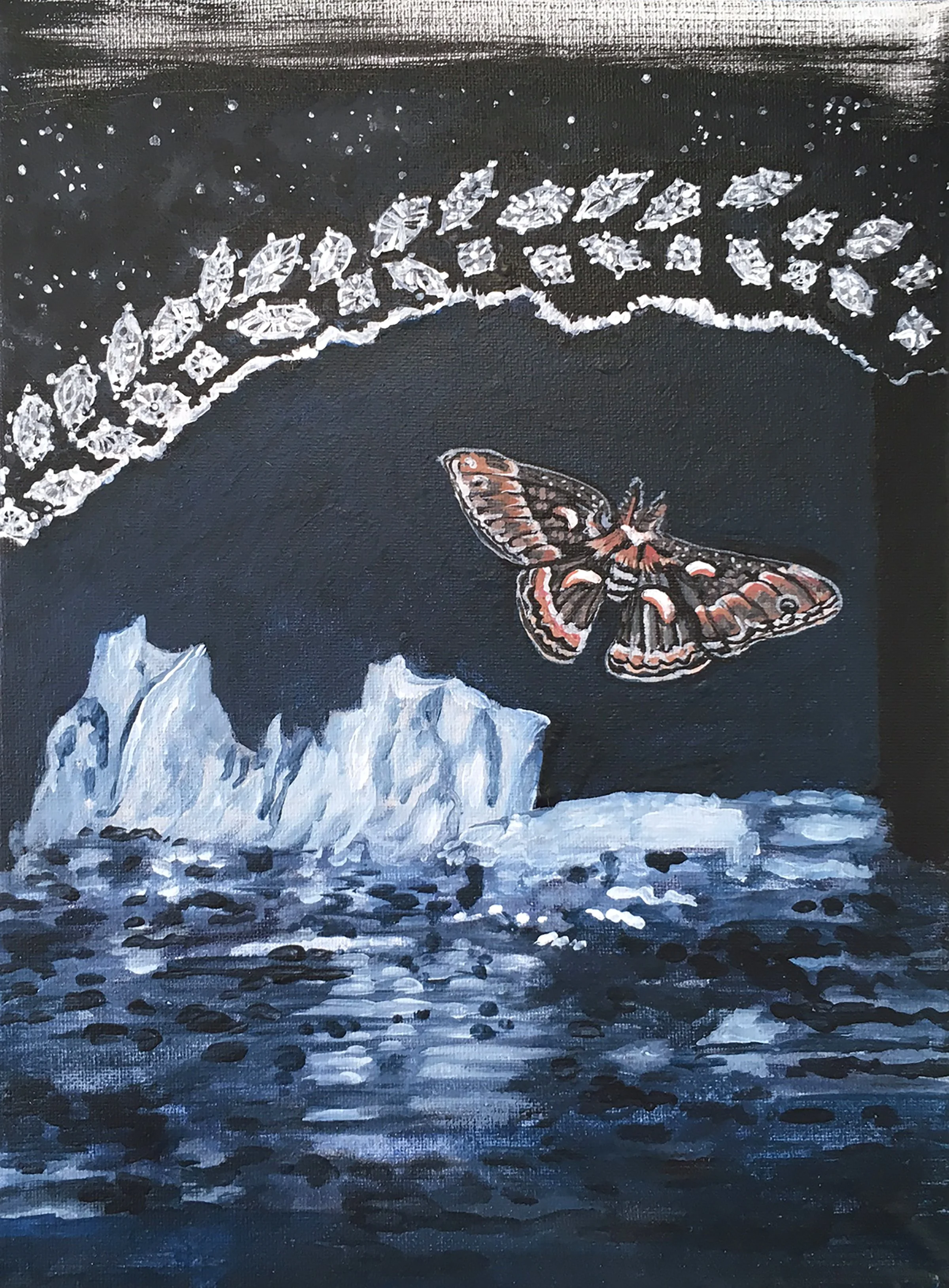 Moth and Ice, 9%22 x 12%22, acrylic on canvas, 2018..jpeg