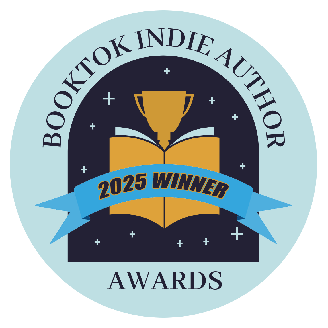 Logo for BookTok Indie Author Awards with a gold trophy, an open book, and a blue ribbon that says "2025 Winner"; the logo is in a circular design with light blue and dark blue colors.