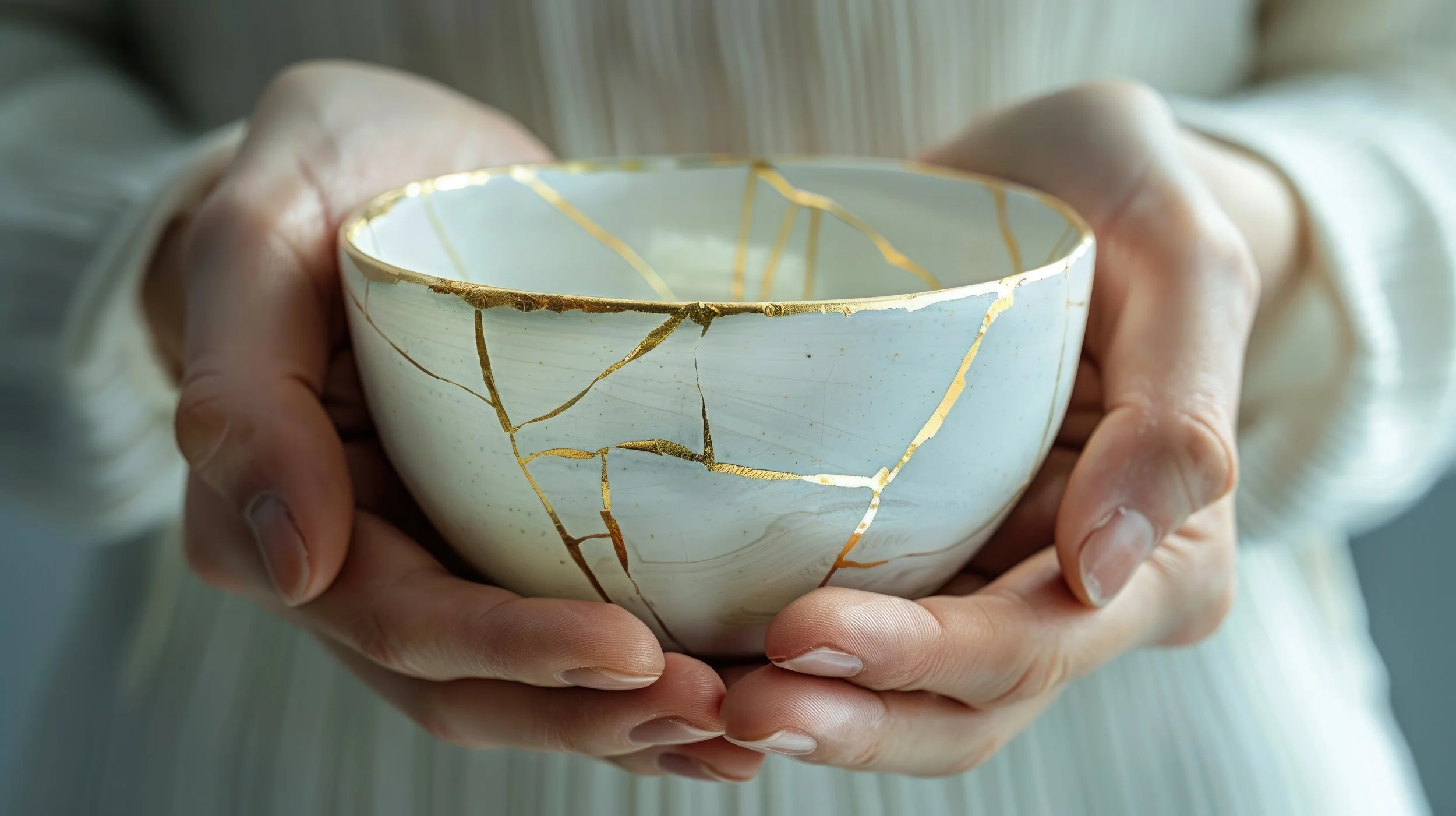 Person holding a white ceramic bowl with gold crackle glaze.