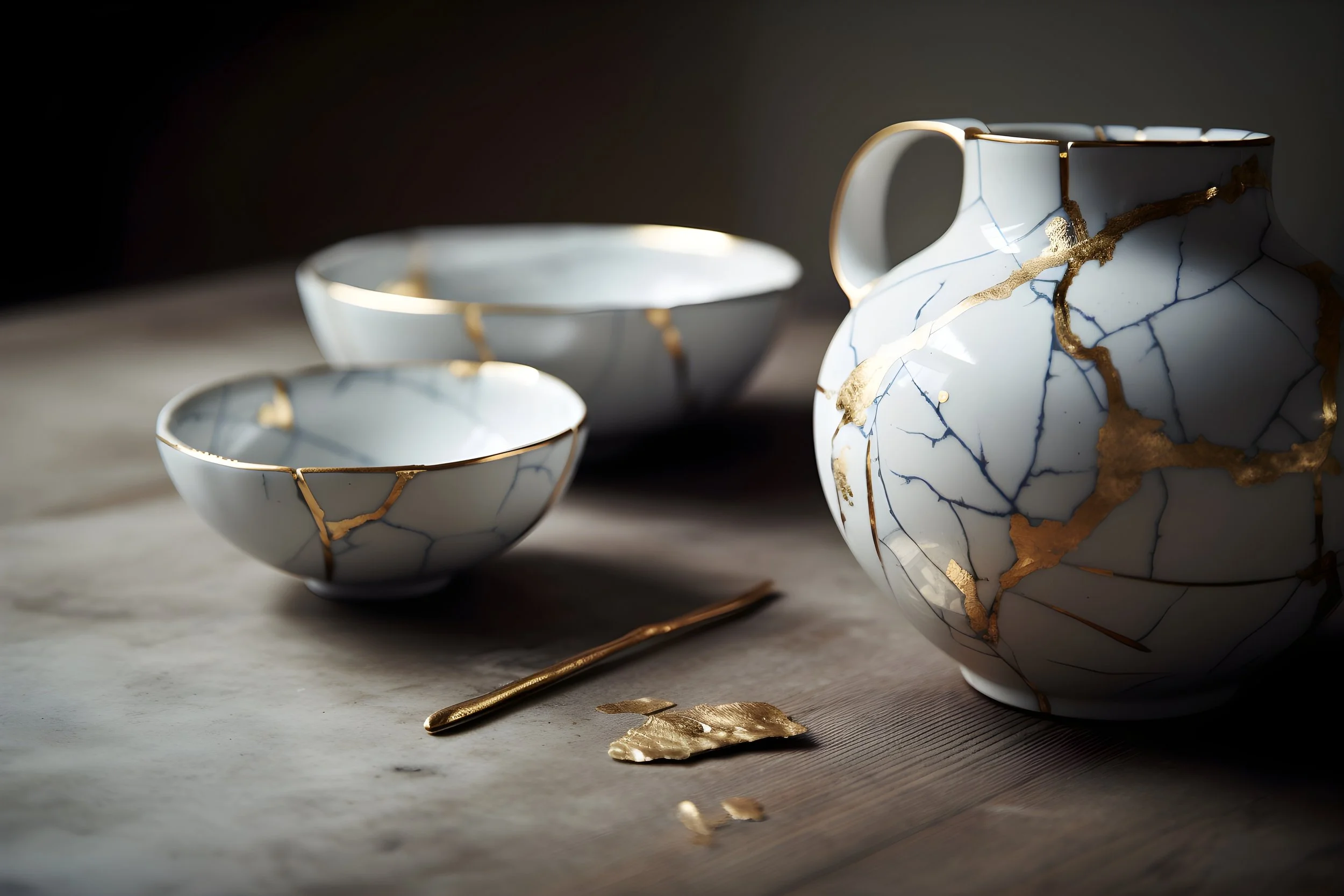 A set of white ceramic bowls and a pitcher with gold and blue Japanese Kintsugi, along with a gold-spattered spoon on a wooden surface.
