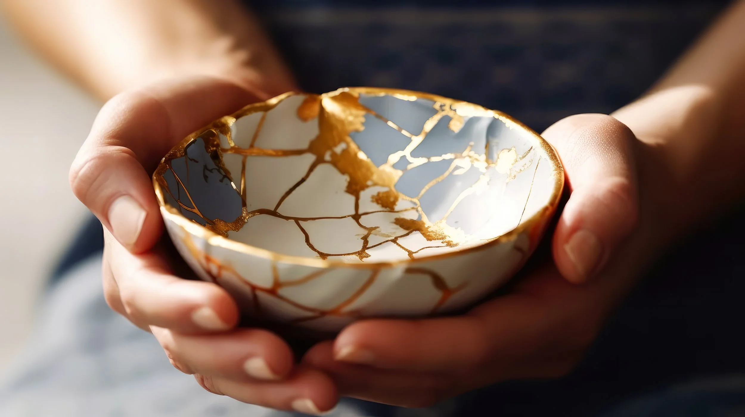 Person holding a decorative bowl with a white and gold Japanese Kintsugi.