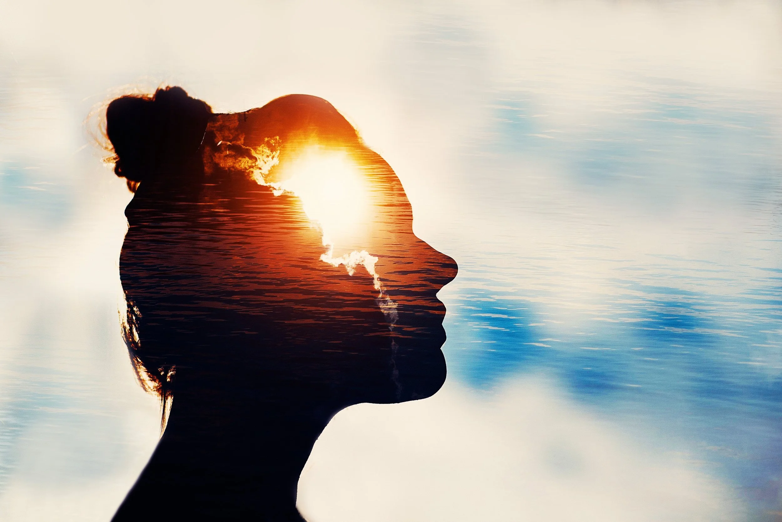 A double exposure image of a woman's profile with a sunset and water scene.