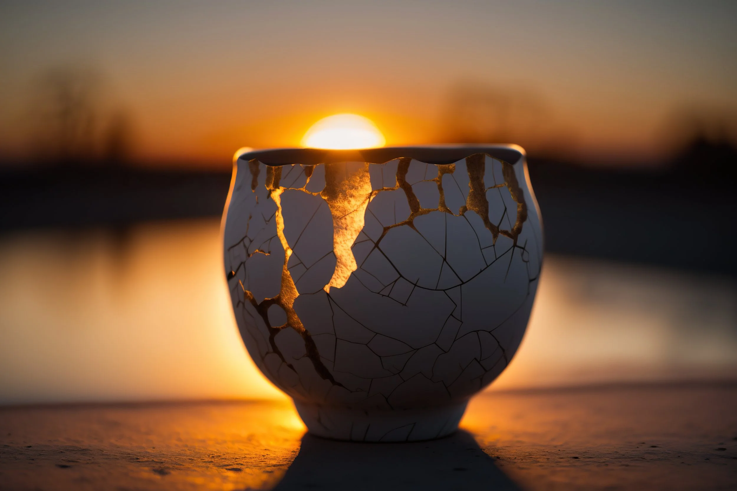 A decorative ceramic bowl with a mosaic pattern, placed on a wooden surface during sunset with the sun visible behind it.