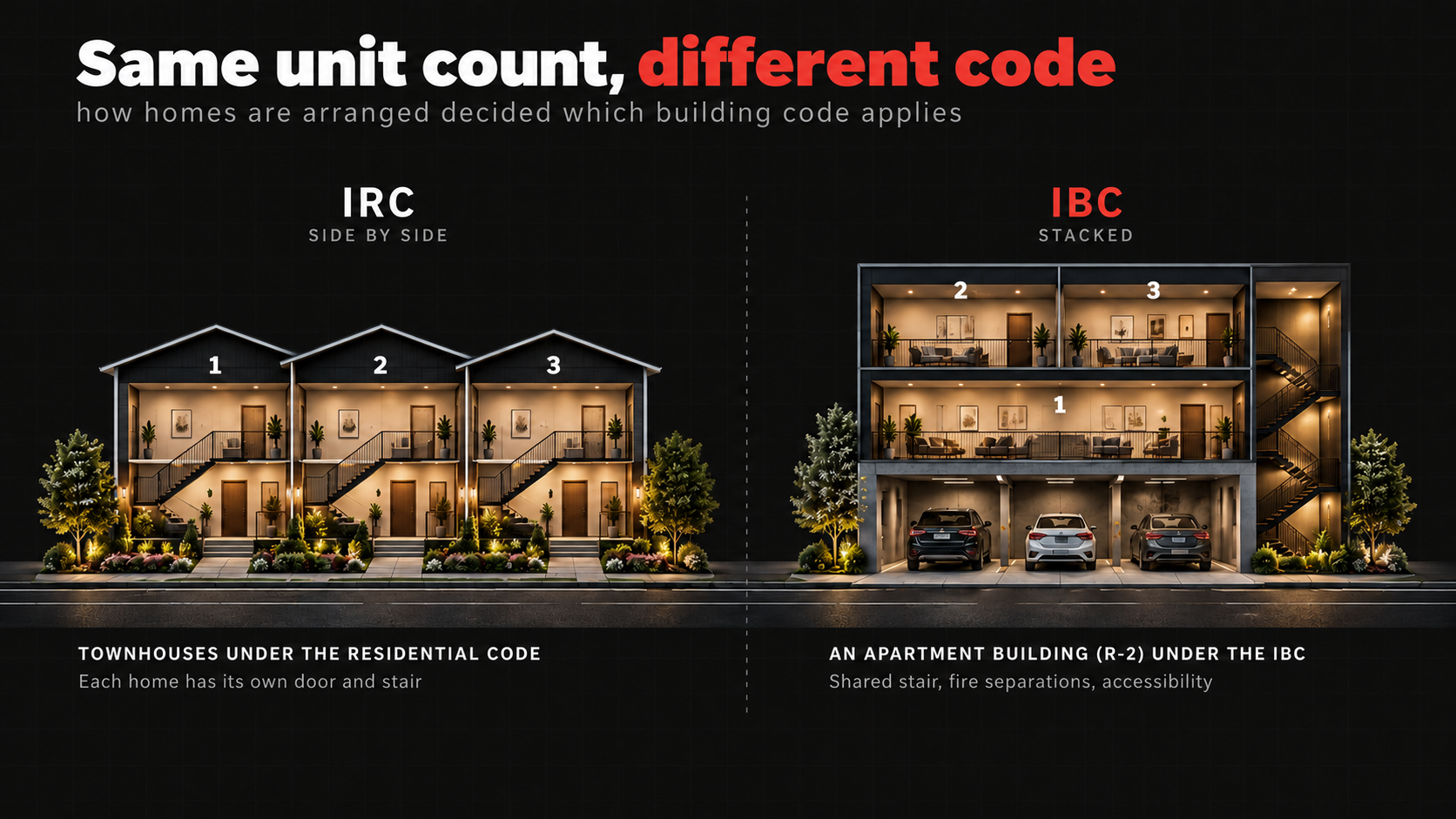 Diagram comparing three townhomes side by side under the residential code (IRC) with three homes stacked over parking, which makes an apartment building under the building code (IBC).